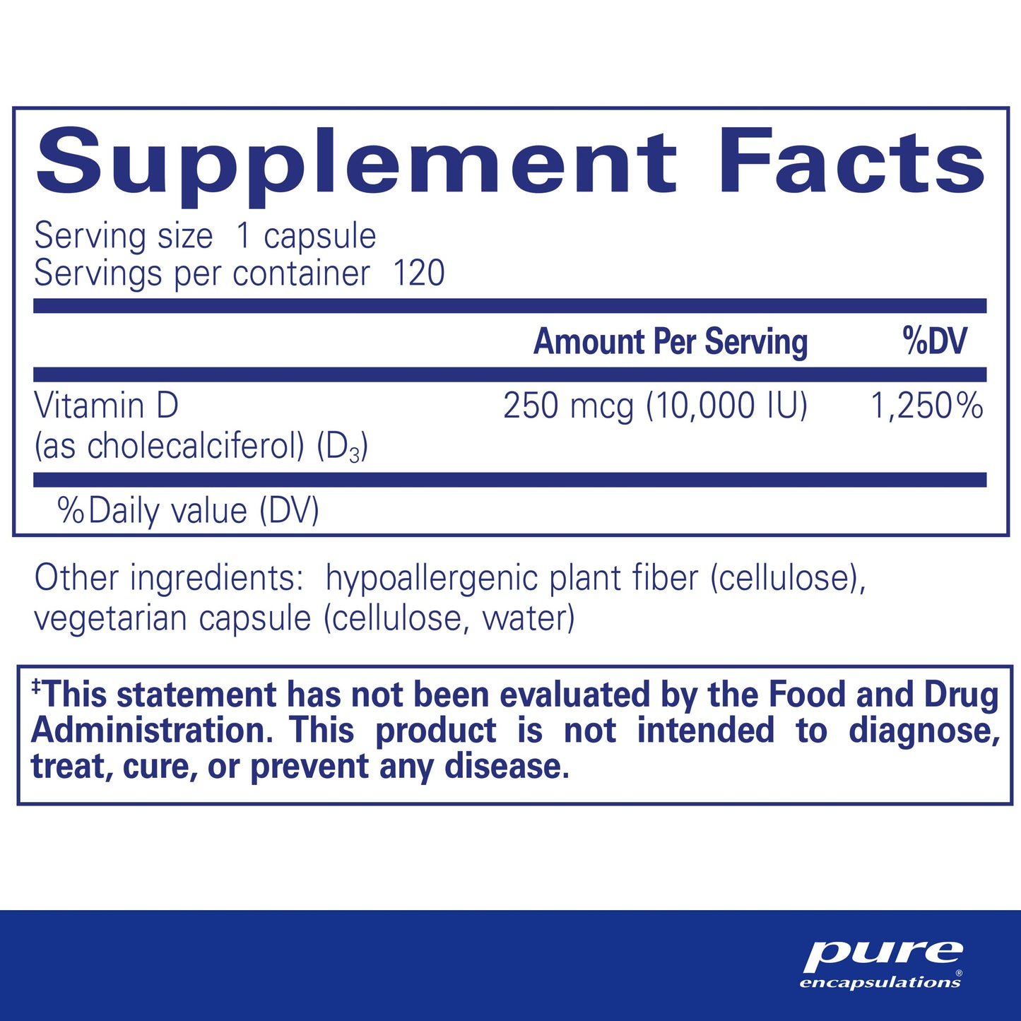 Suplemento Vit D3 Pure Encapsulations para salud cardíaca y ósea