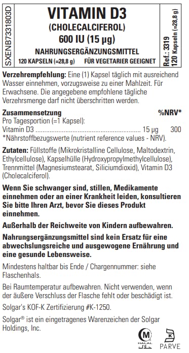 Suplemento de vitamina D3 Solgar para absorción y metabolismo