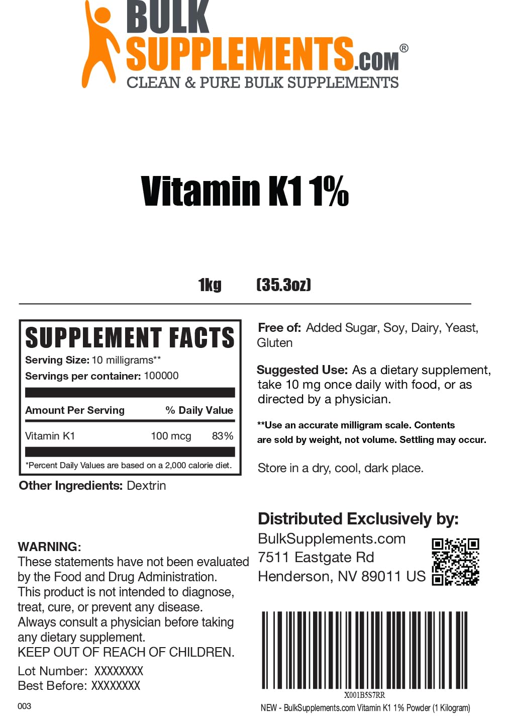 Suplemento vitamina K1 BulkSupplements para apoyo cardiovascular y óseo