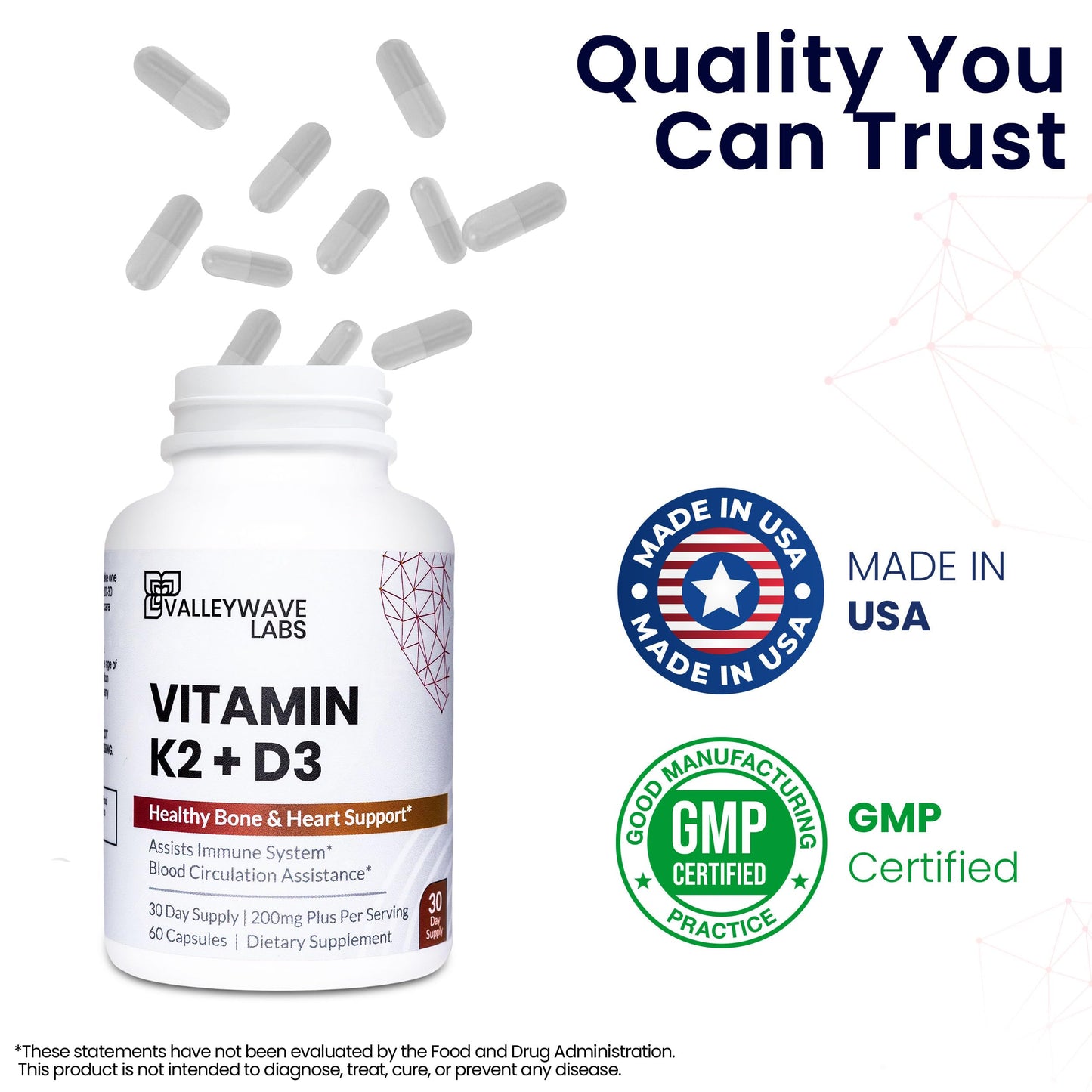 Suplemento vitamínico Valleywave Labs d3 k2 60 cápsulas
