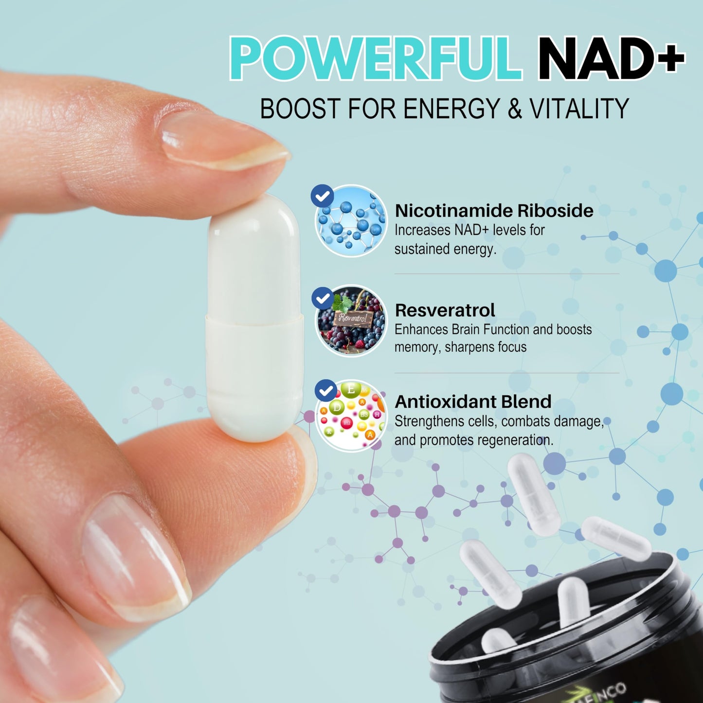 Suplemento ZAFiNCO con nicotinamida ribósido y resveratrol 900mg