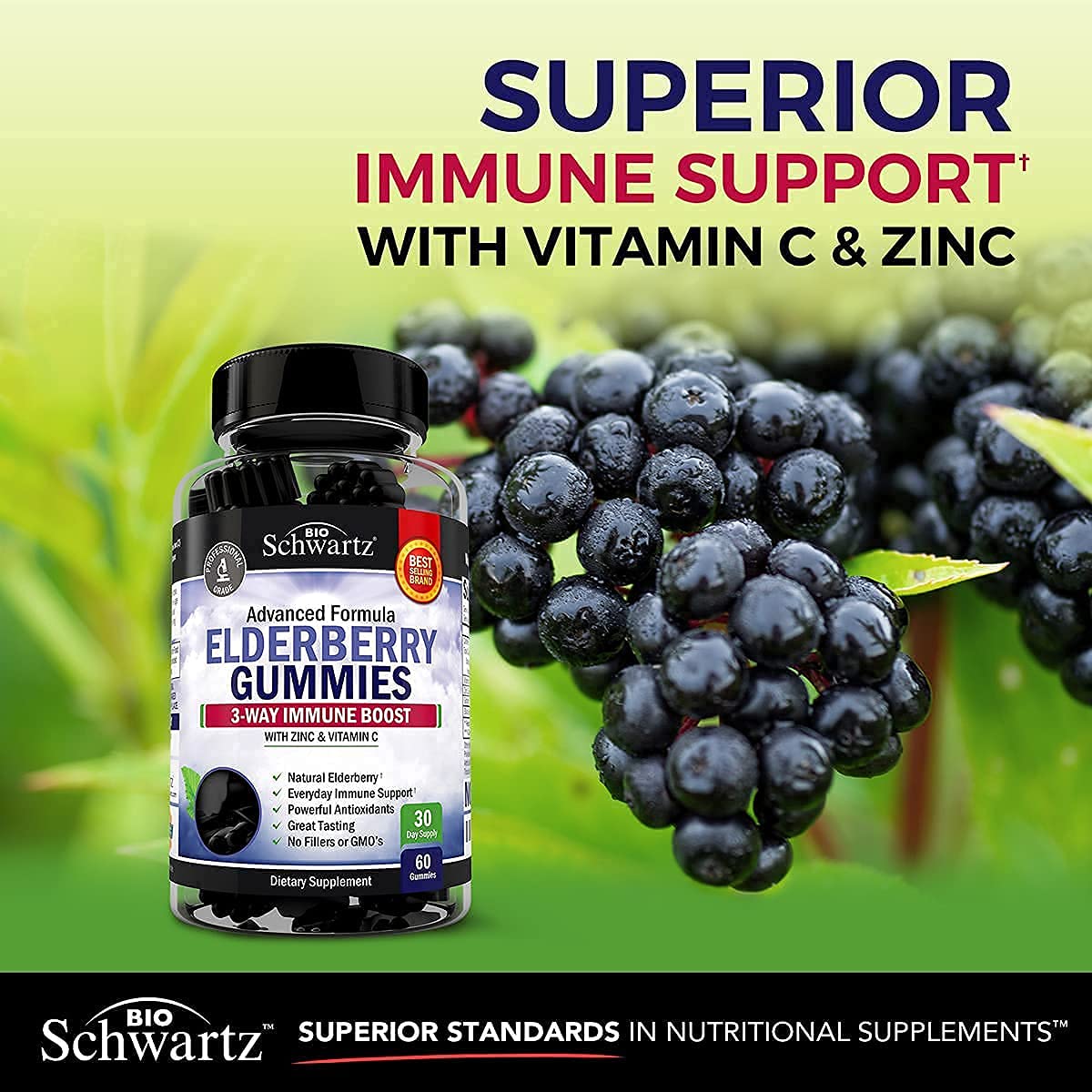 Suplementos BioSchwartz vitamina D3 y gomitas de saúco en frascos