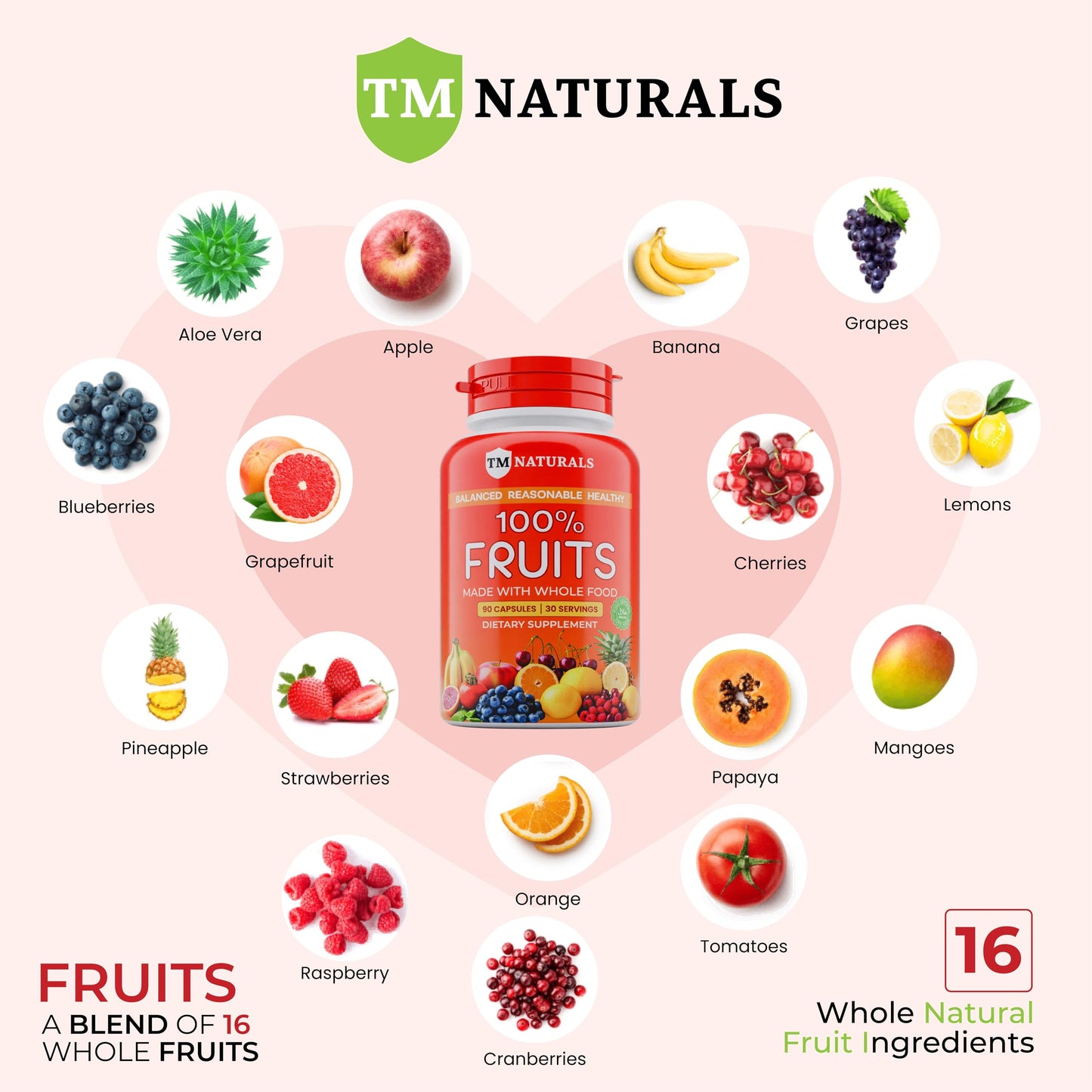 Suplementos frutas TM NATURALS con ingredientes naturales