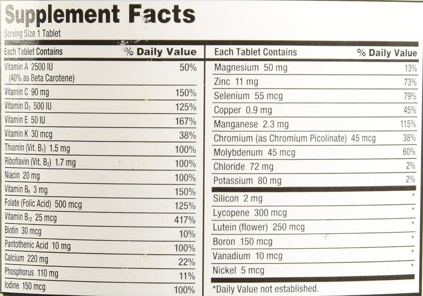 Suplementos de Kirkland con información de valores nutritivos.