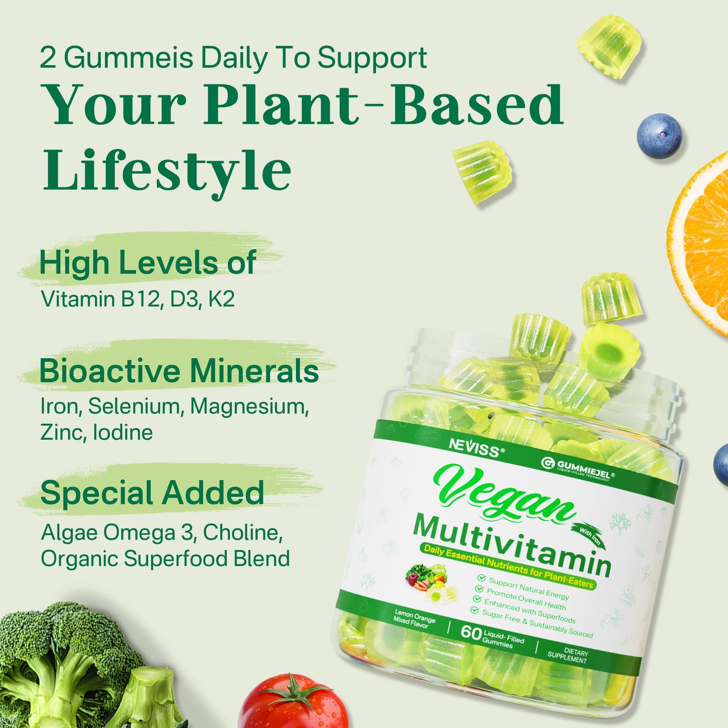 Suplementos vitamÃnicos Neviss con omega 3 de algas y minerales