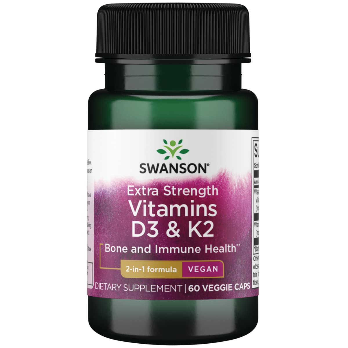 Envase de vitaminas D3 y K2 extra fuerte de Swanson 60 cápsulas veganas