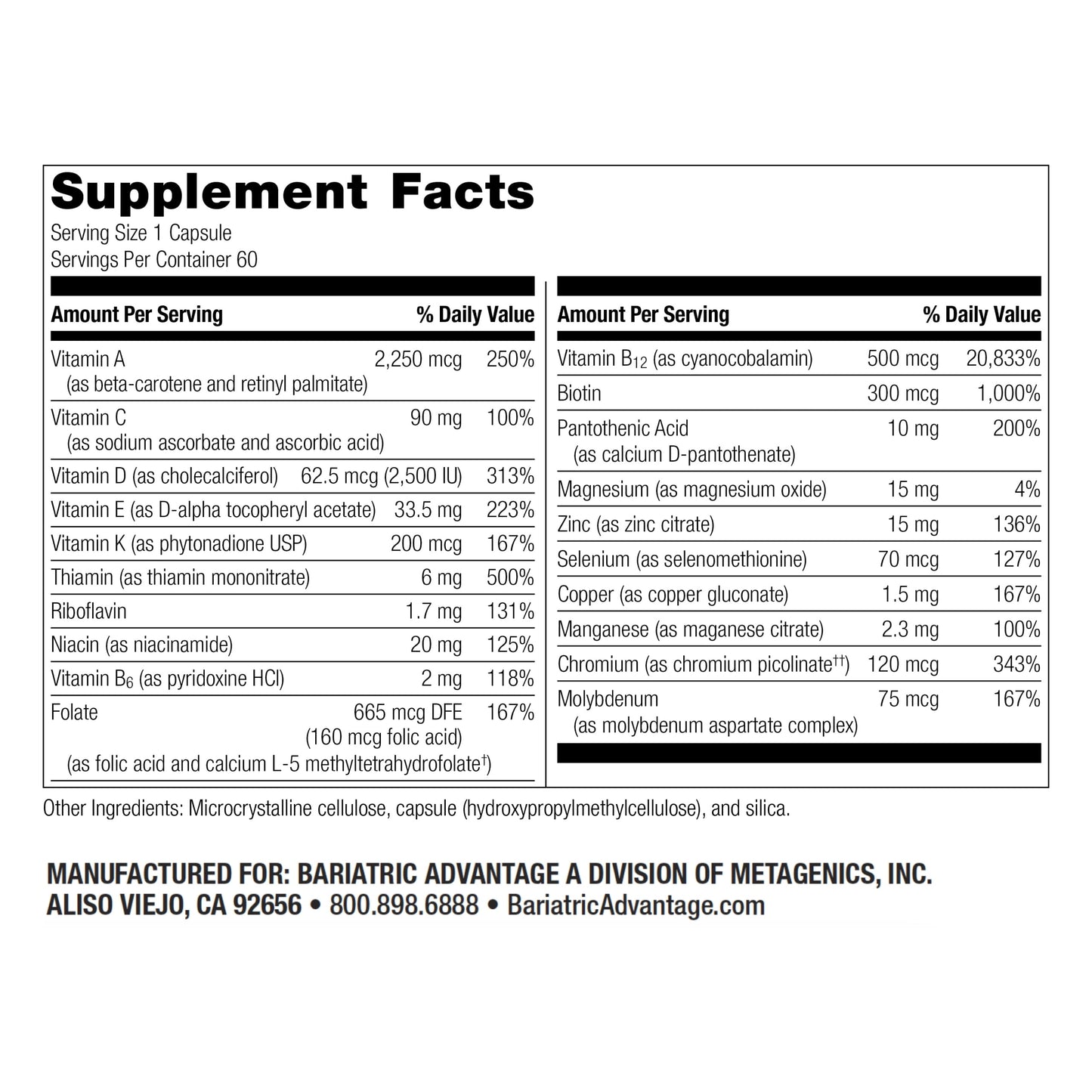 Tabla de información nutricional multivitamínico ADEK