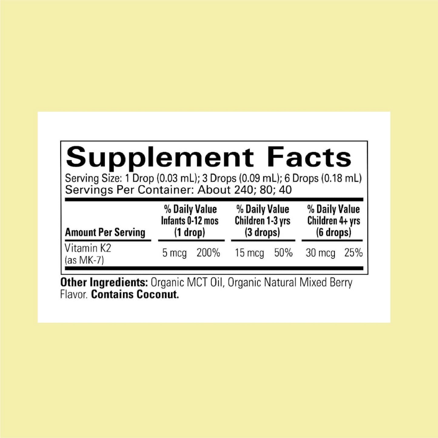 Tabla de información nutricional de vitamina K2 orgánica para niños.