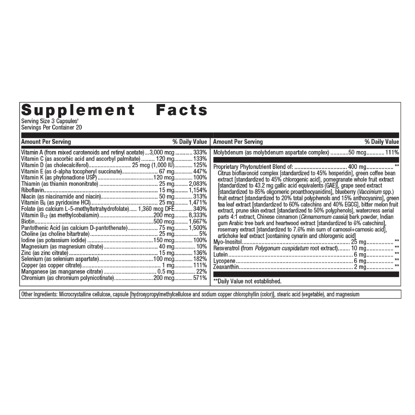 Tabla de ingredientes de Metagenics PhytoMulti