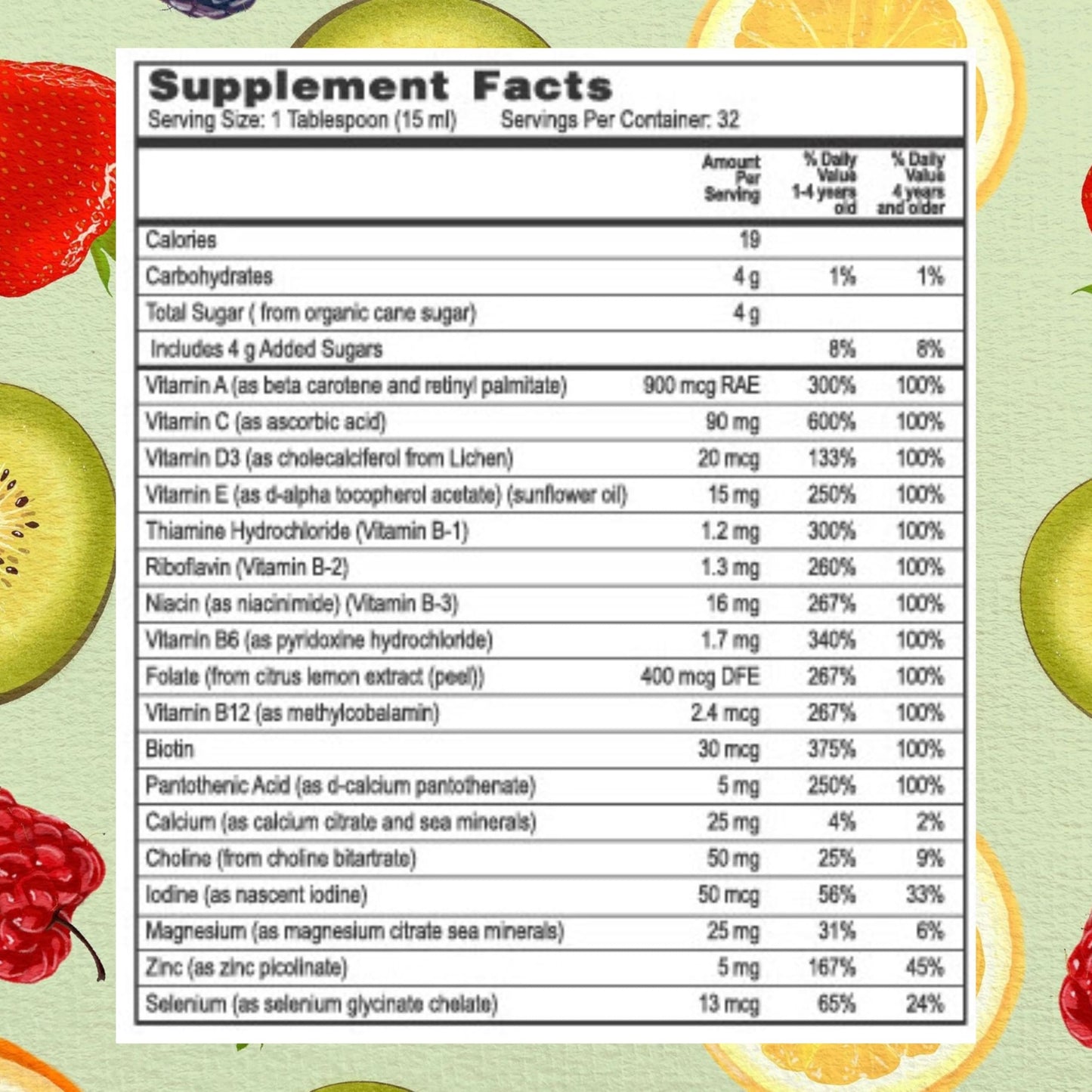 Tabla de ingredientes del multivitamínico Go Healthy Kids.