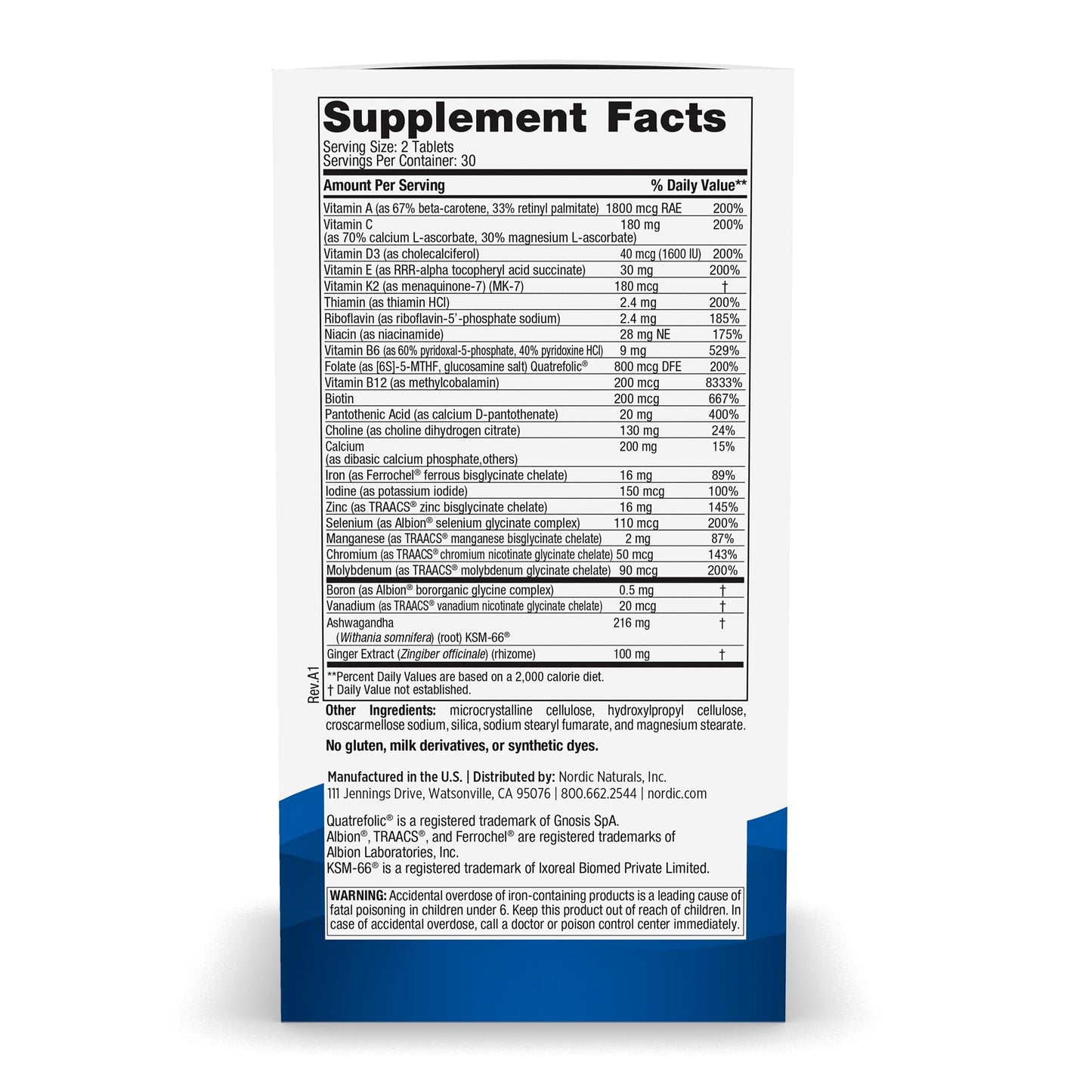 Tabla de ingredientes del multivitamínico Nordic Naturals.