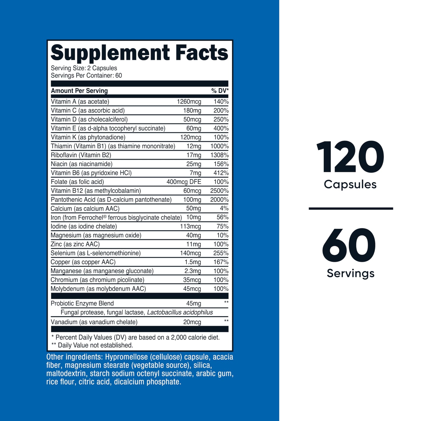 Tabla de ingredientes del multivitamínico Nutricost