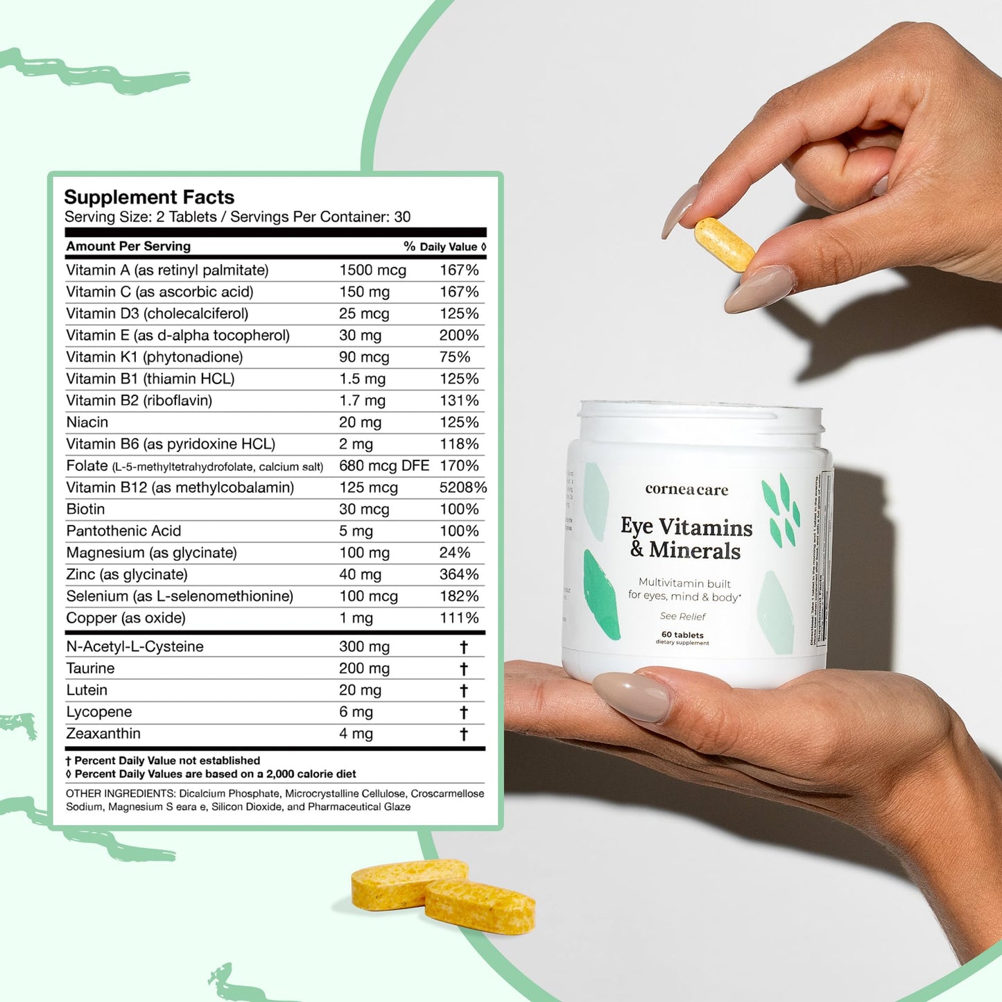 Tabla de ingredientes de los suplementos ocular de CorneaCare