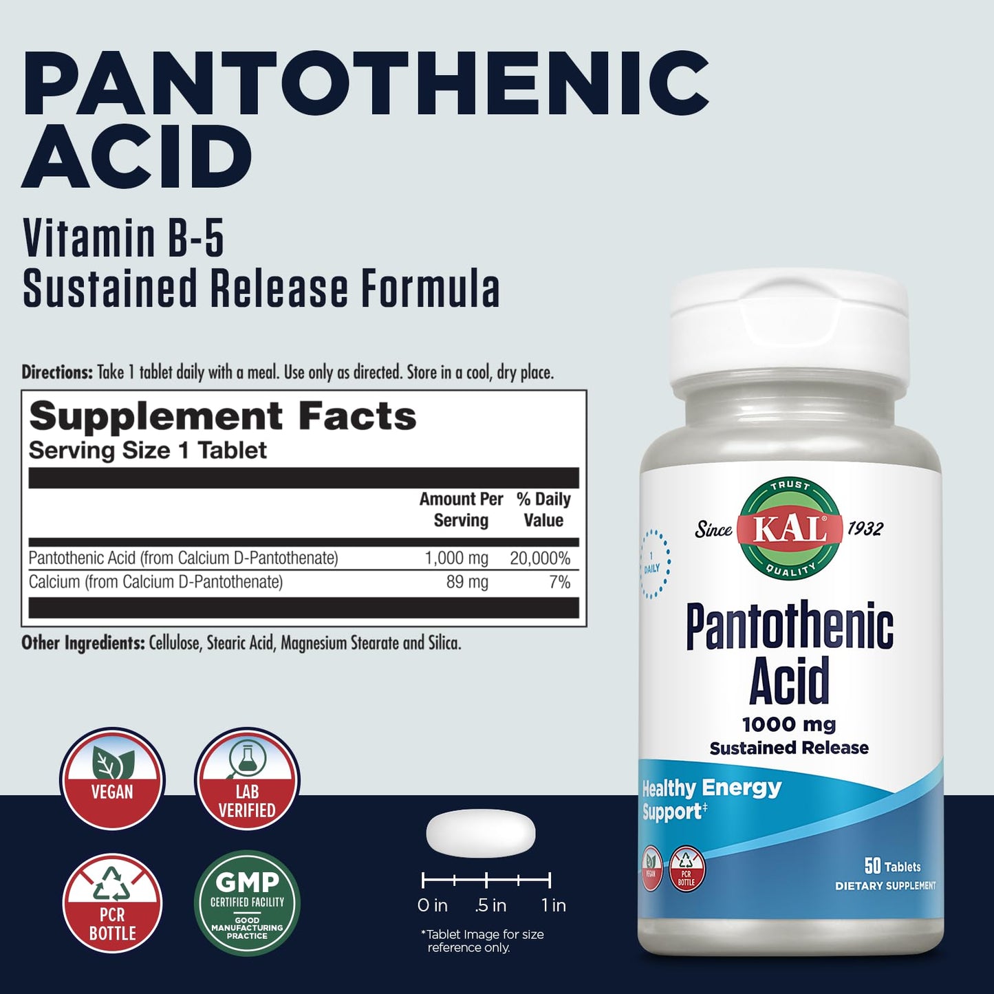 Tabla nutricional KAL ácido pantoténico vit B5 1000mg