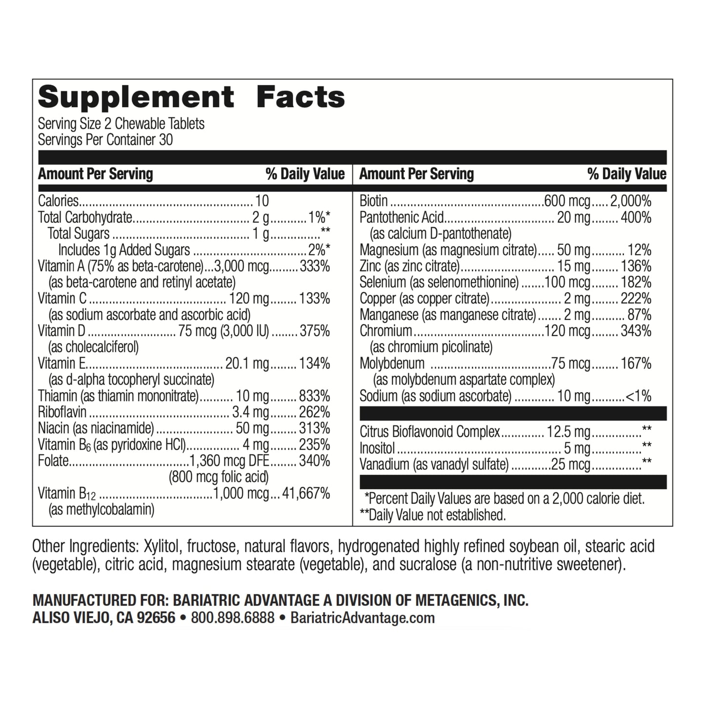 Tabla de hechos nutricionales para multivitamínicos Bariatric Advantage