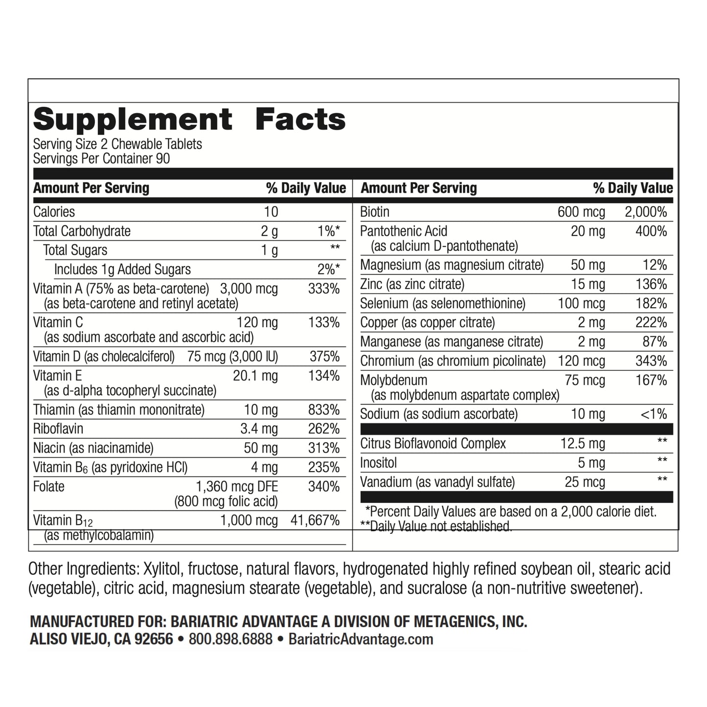 Tabla nutricional del multivitamínico Bariatric Advantage