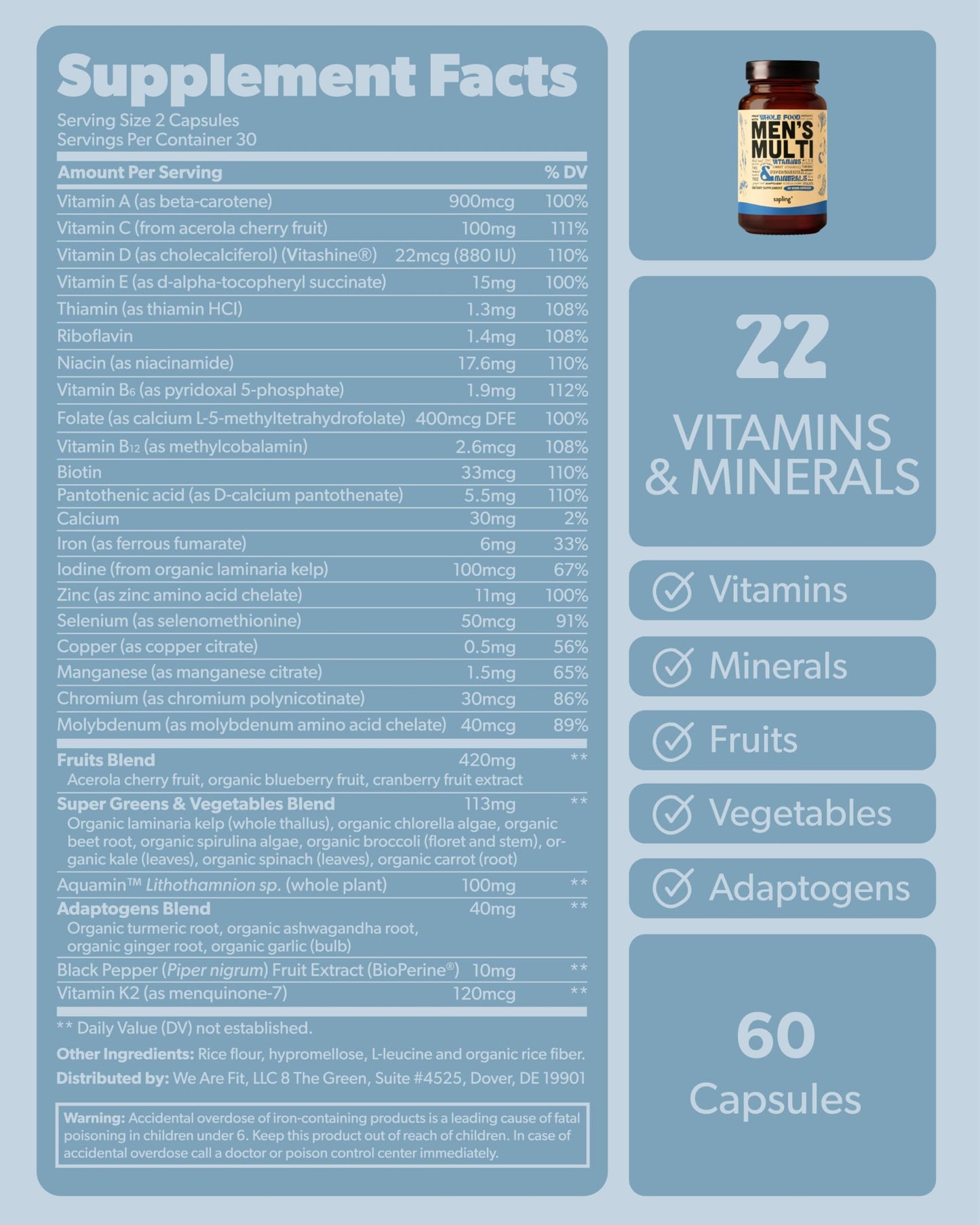 Tabla nutricional del multivitamínico para hombres sapling.