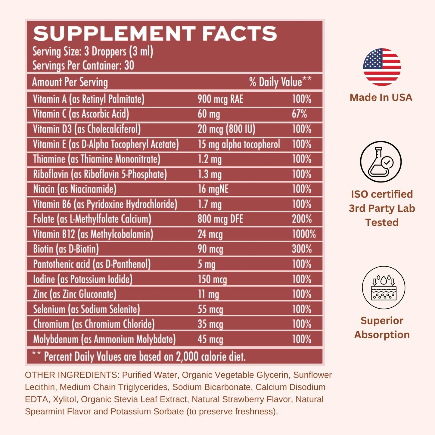 Tabla nutricional del multivitamínico líquido para hombres.