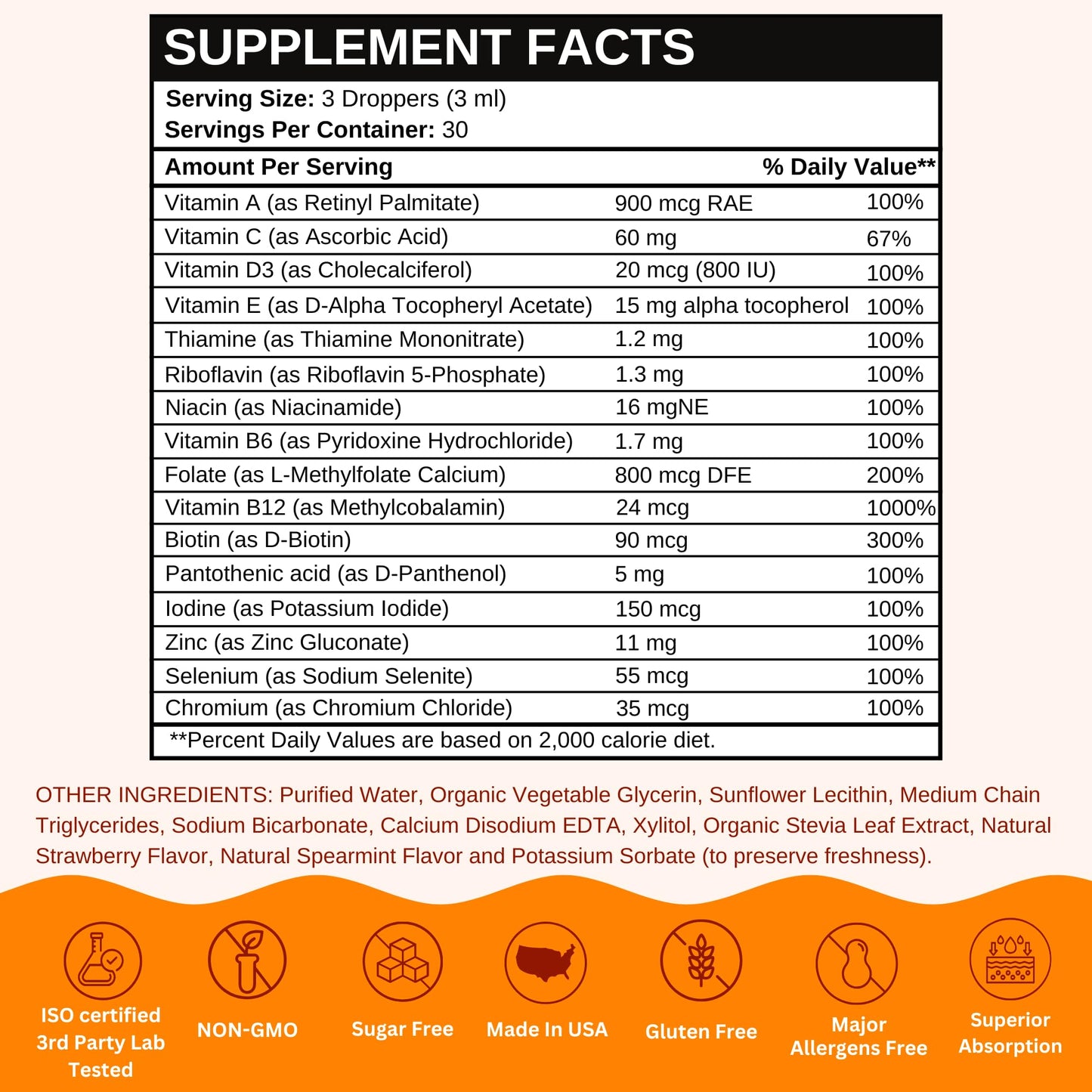 Tabla nutricional del multivitamínico líquido.