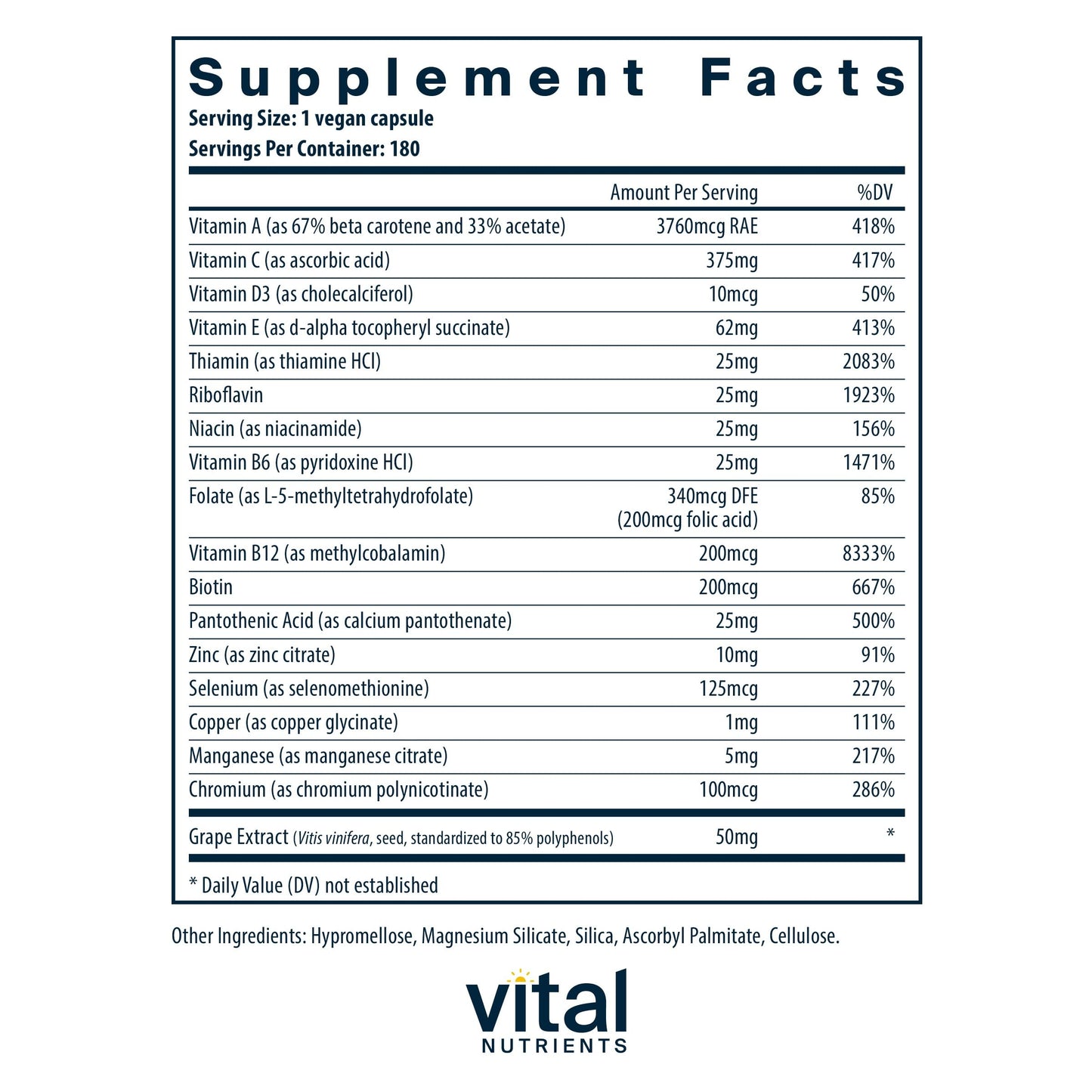 Tabla nutricional multivitamínico Vital Nutrients mínimo y esencial