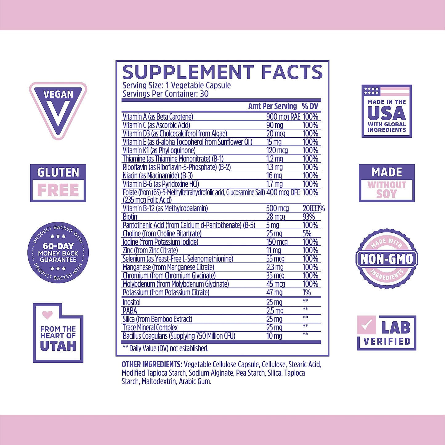 Tabla nutricional del multivitamínico Zhou Daily Boost