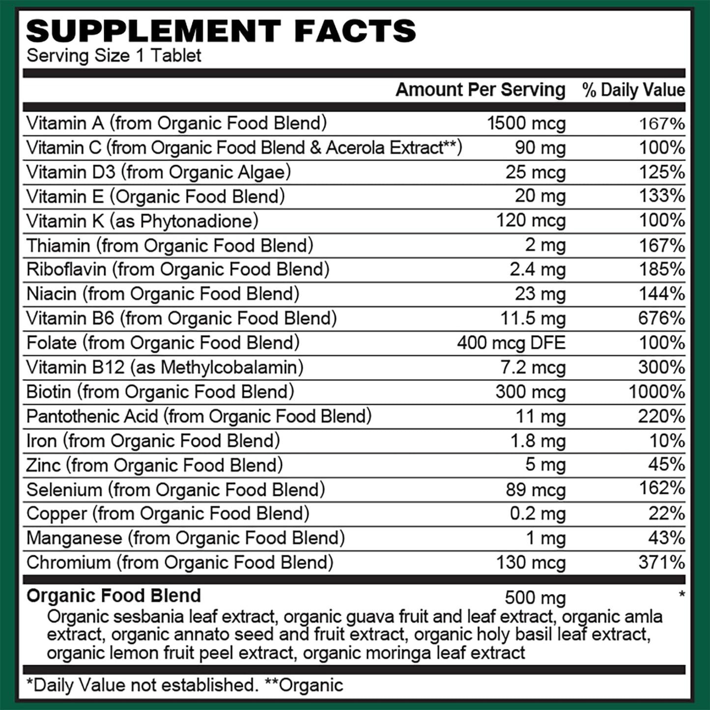 Tabla nutricional multivitamínico orgánico