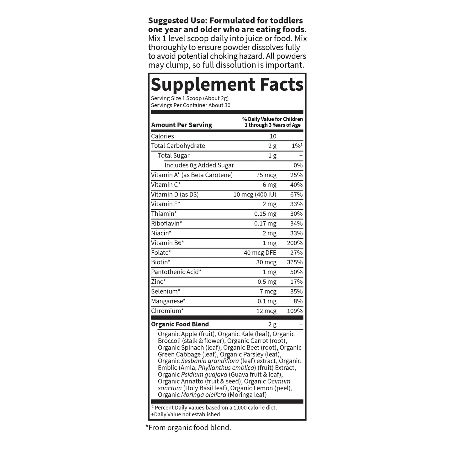 Tabla de valores nutricionales del polvo multivitamínico Garden of Life