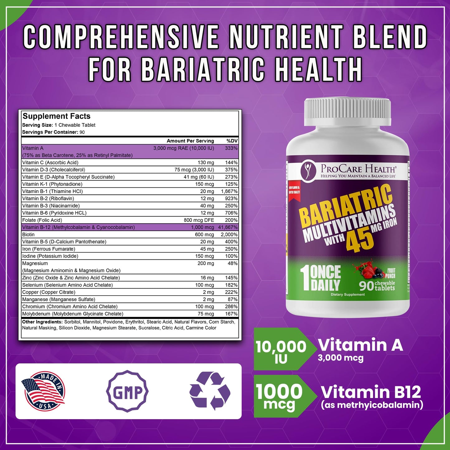 Tabla nutricional de multivitaminas con hierro ProCare para salud bariátrica.
