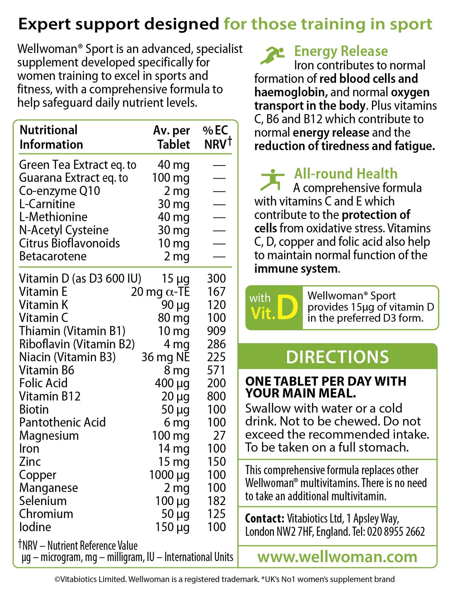 Tabla nutricional del suplemento Wellwoman