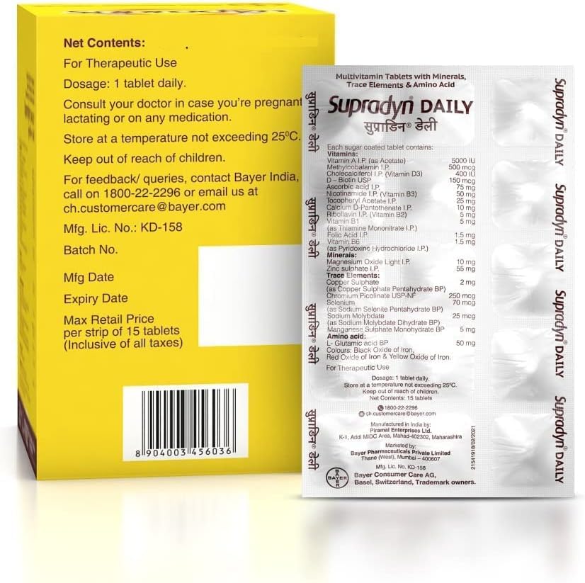 Tabla nutricional detallada de Supradyn Daily Multivitaminas