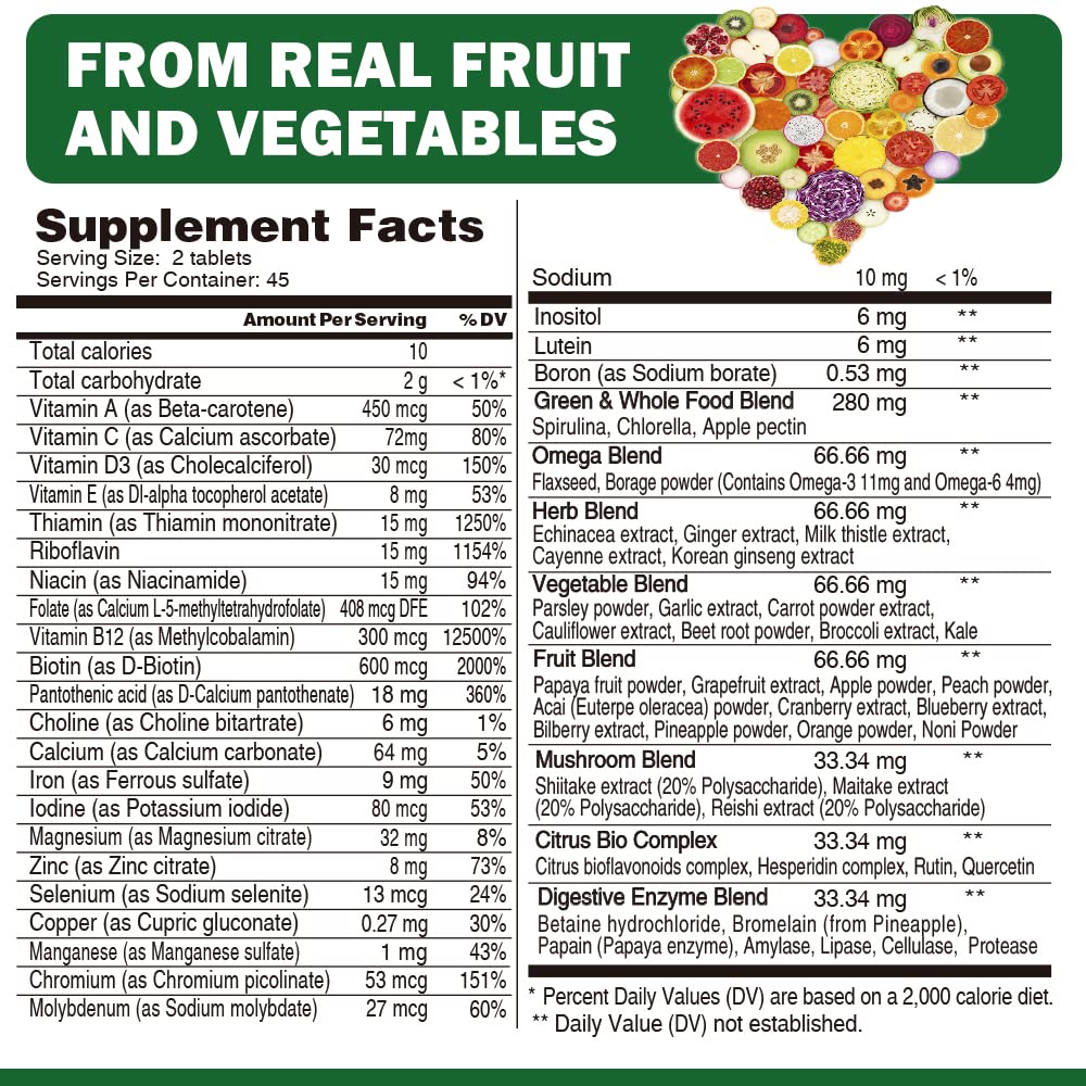 Tabla nutricional y suplemento multivitamínico VEGEPOWER.