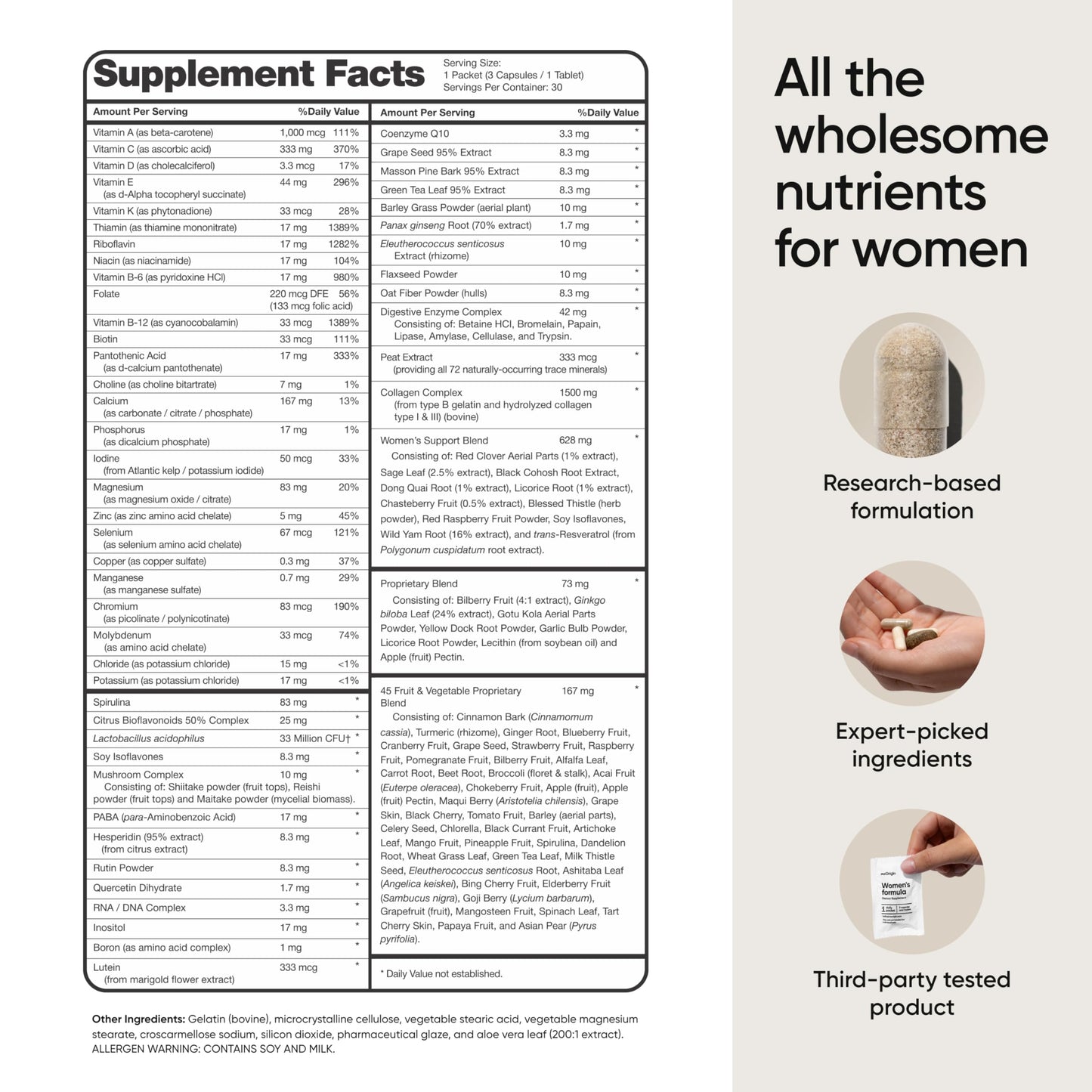 Tabla de nutrientes multivitamínico mujeres meOrigin