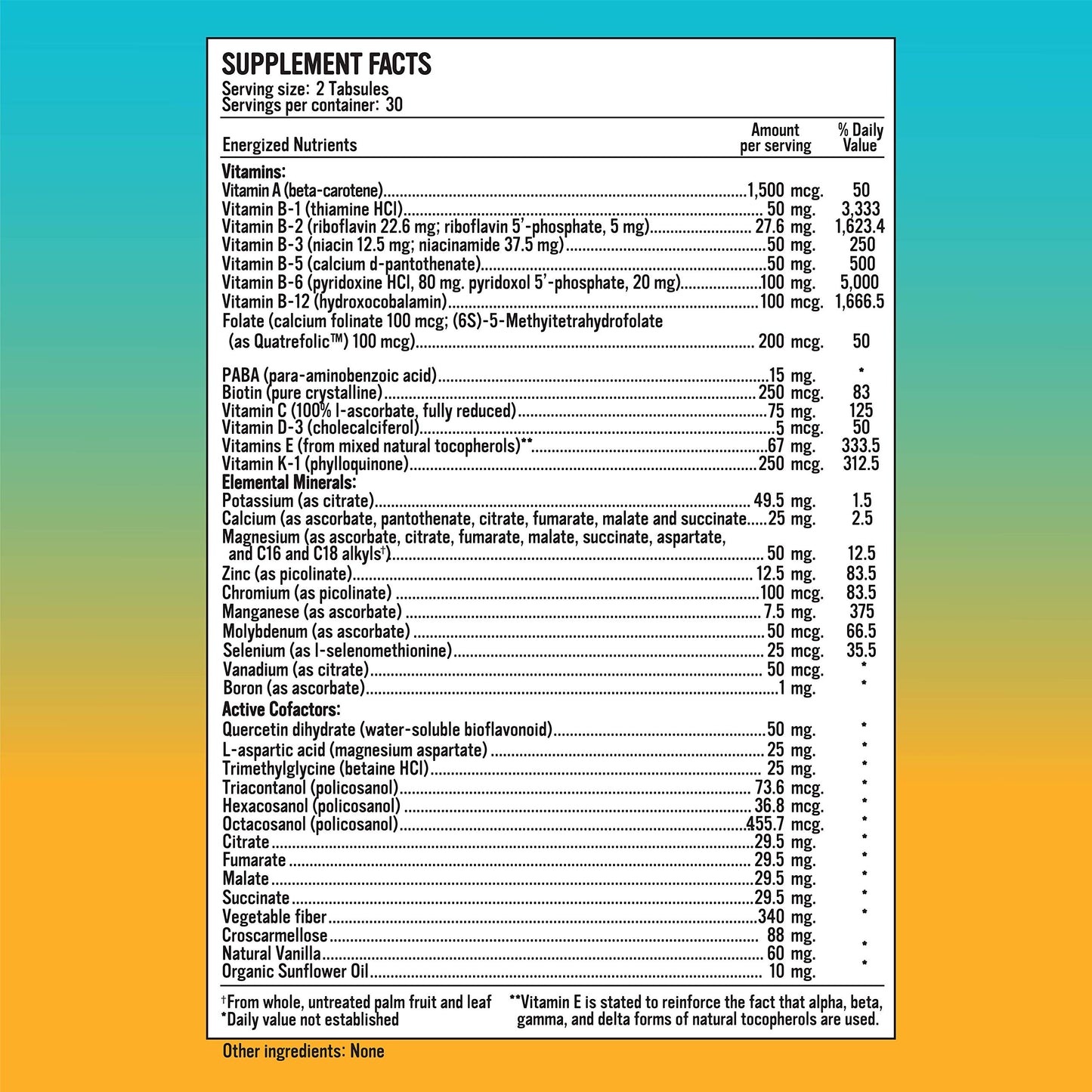 Tabla de suplementos con 40 nutrientes esenciales de Energized Multi+