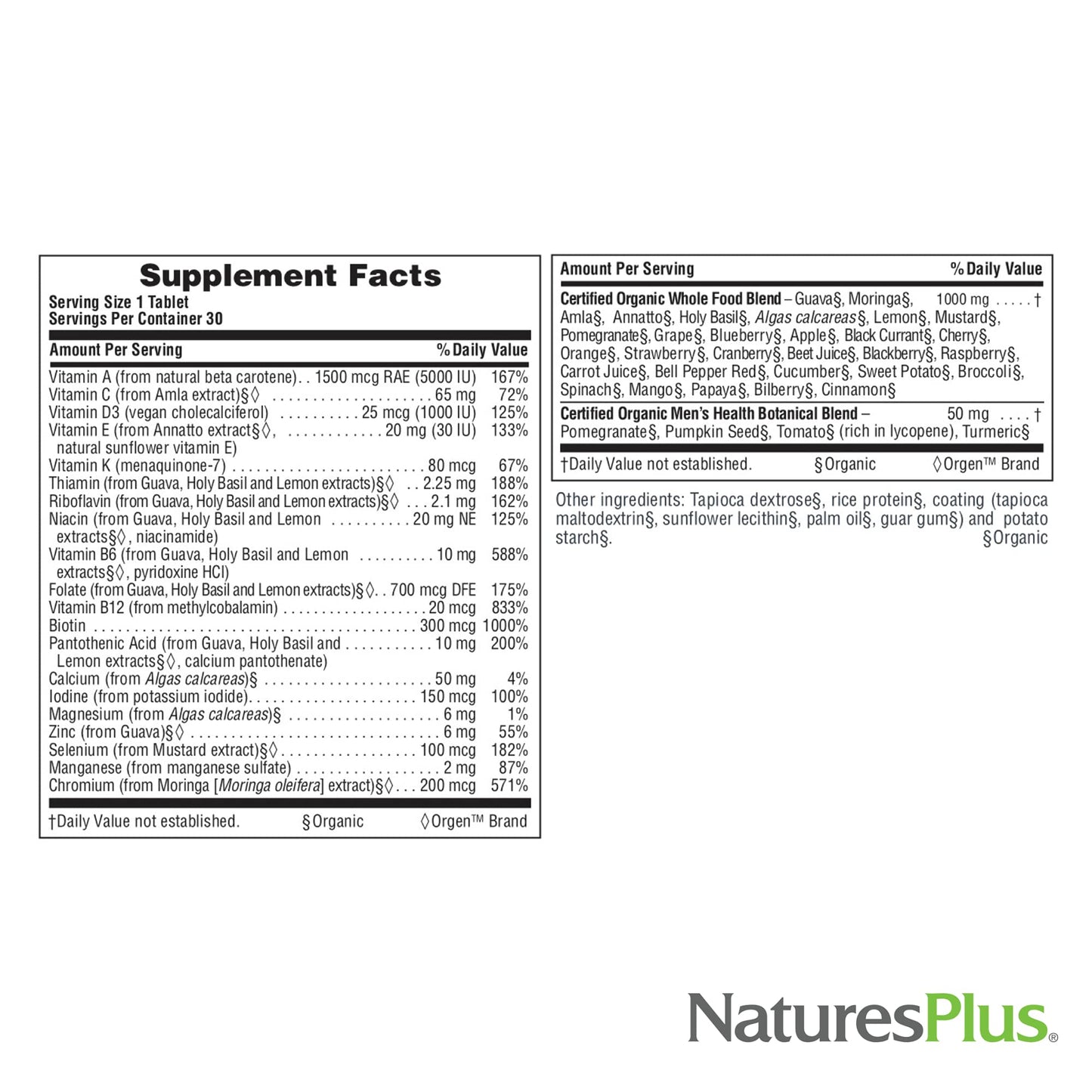 Detalles de la tabla suplementaria de multivitaminas orgánicas NaturesPlus.