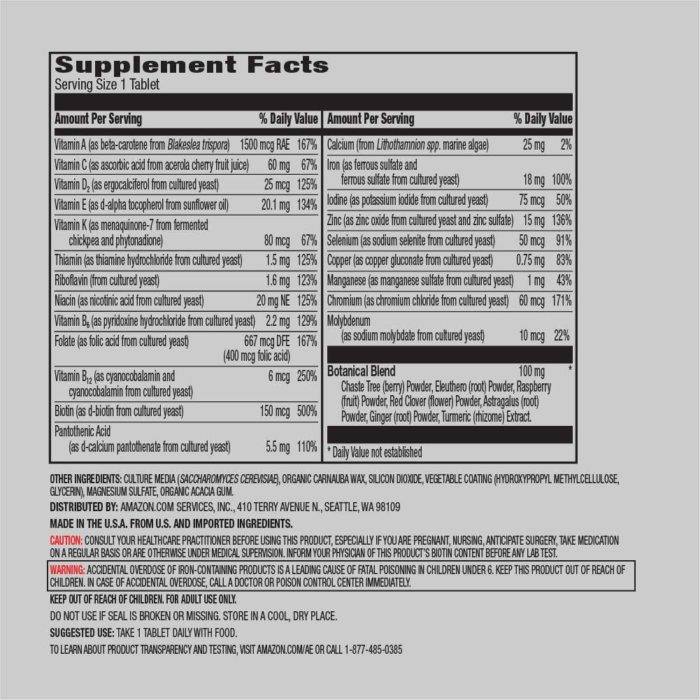 Tabla de suplementos multivitaminas Amazon.