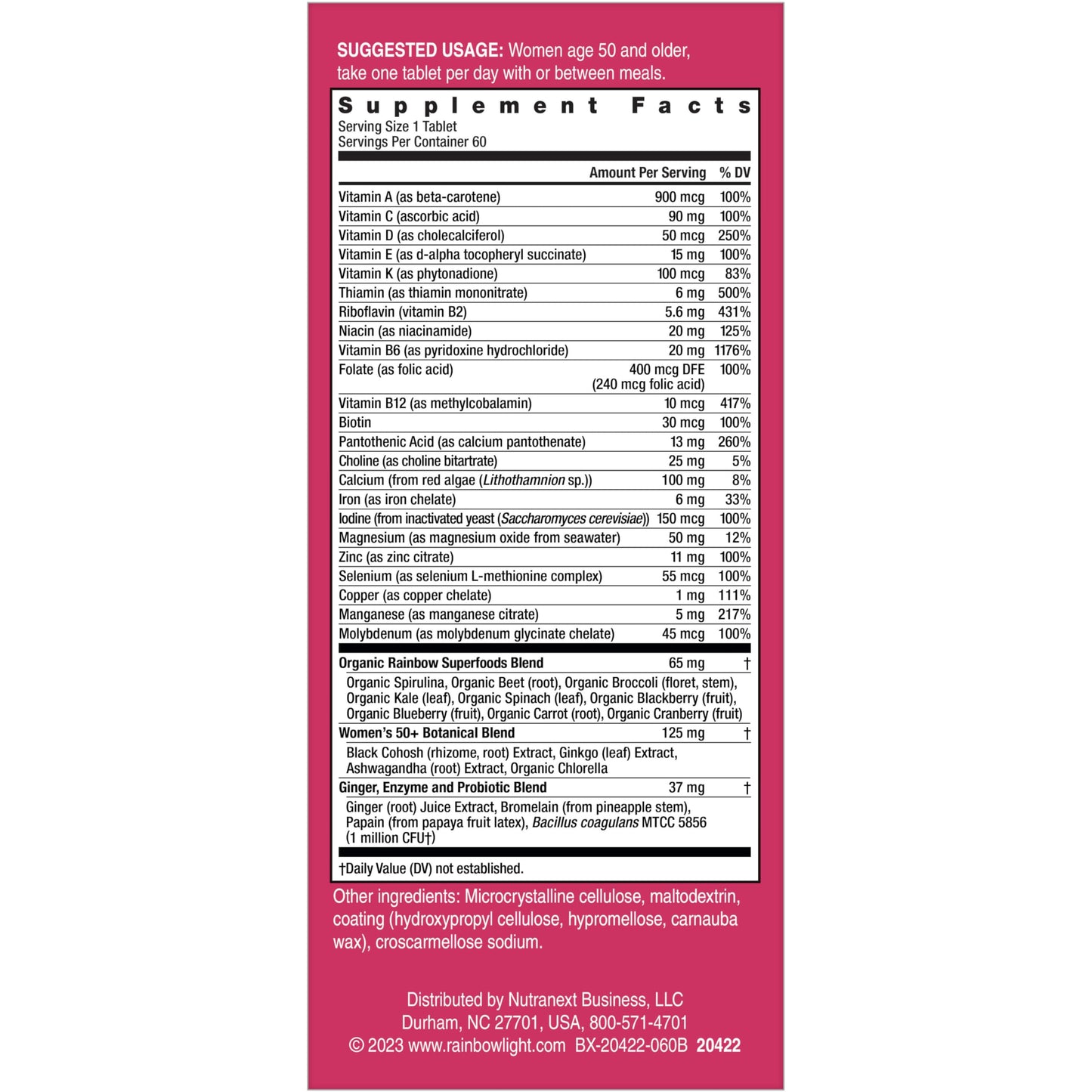 Tabla de suplementos del multivitamínico Rainbow Light