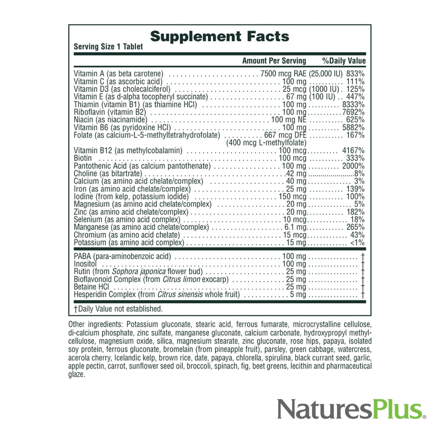 Tabla de suplementos vitaminas y minerales NaturesPlus
