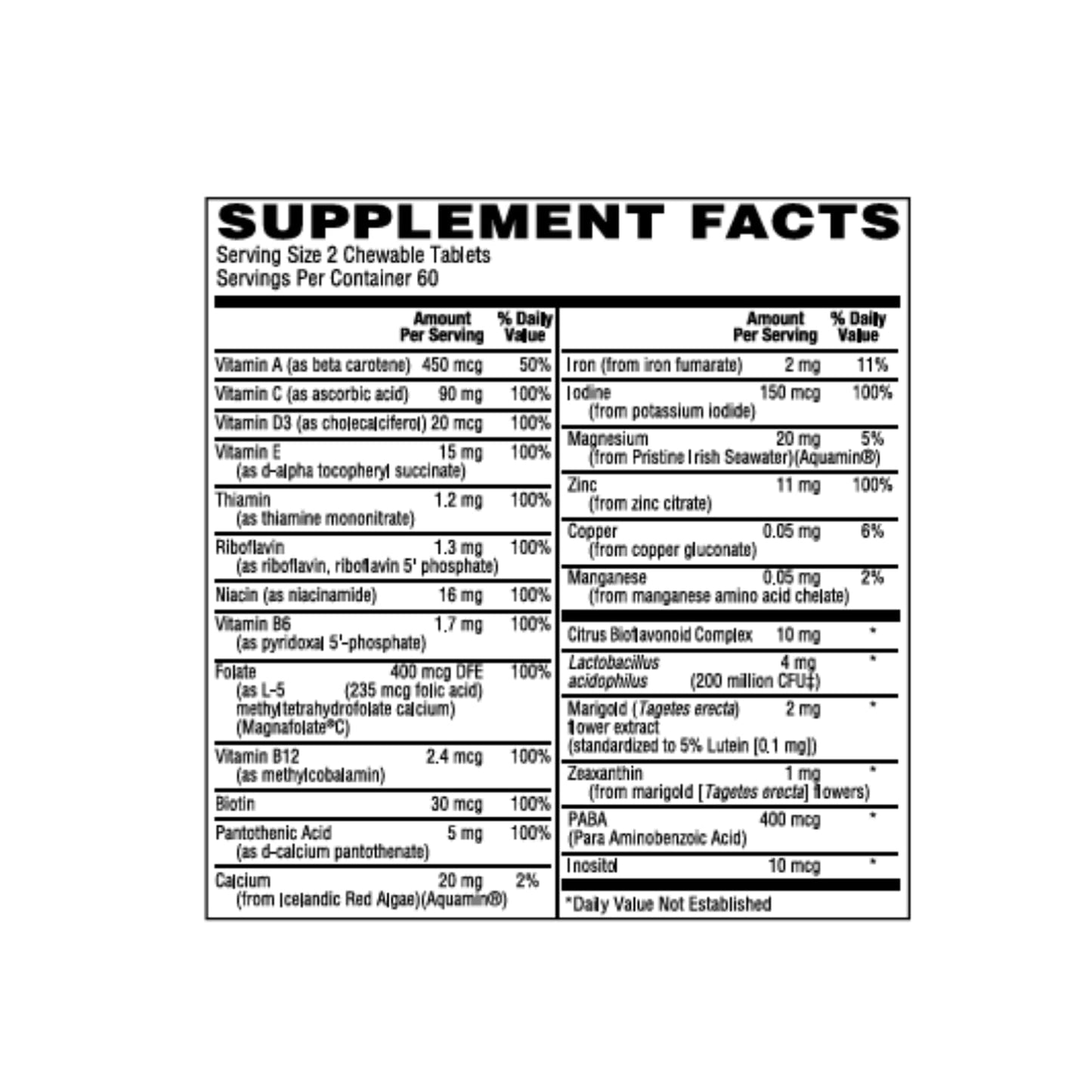 Tabla de suplementos del multivitamínico infantil