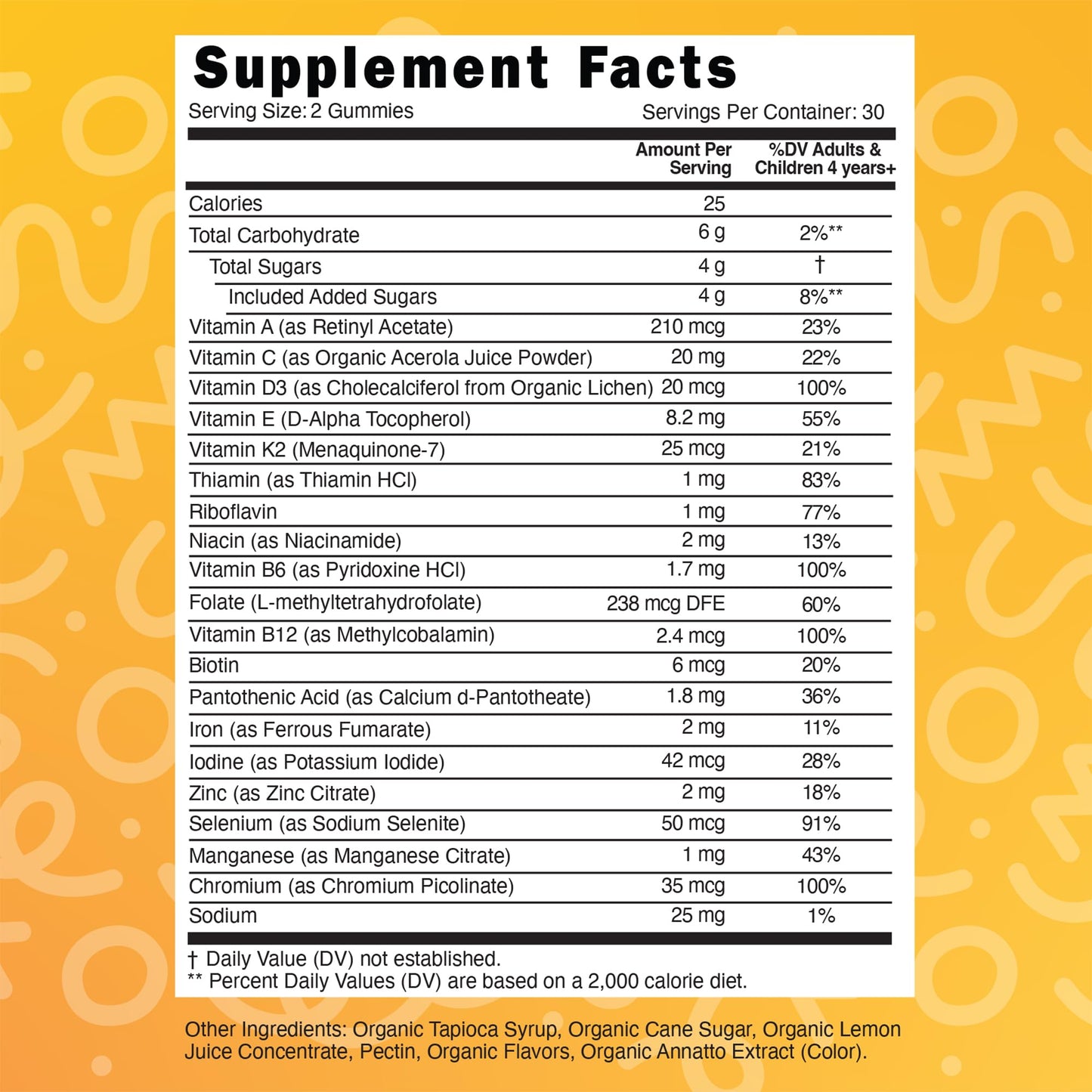 Tabla de valores nutricionales de gomas multivitamínicas.