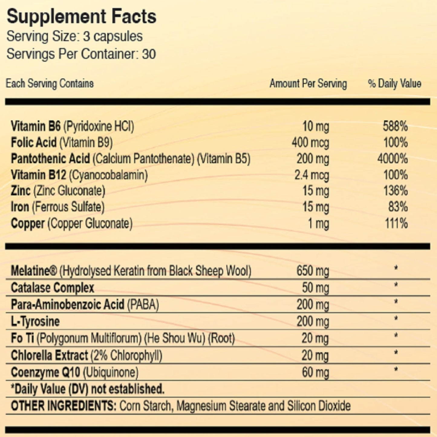 Resumen de la tabla nutricional de vitaminas REGENSIFY
