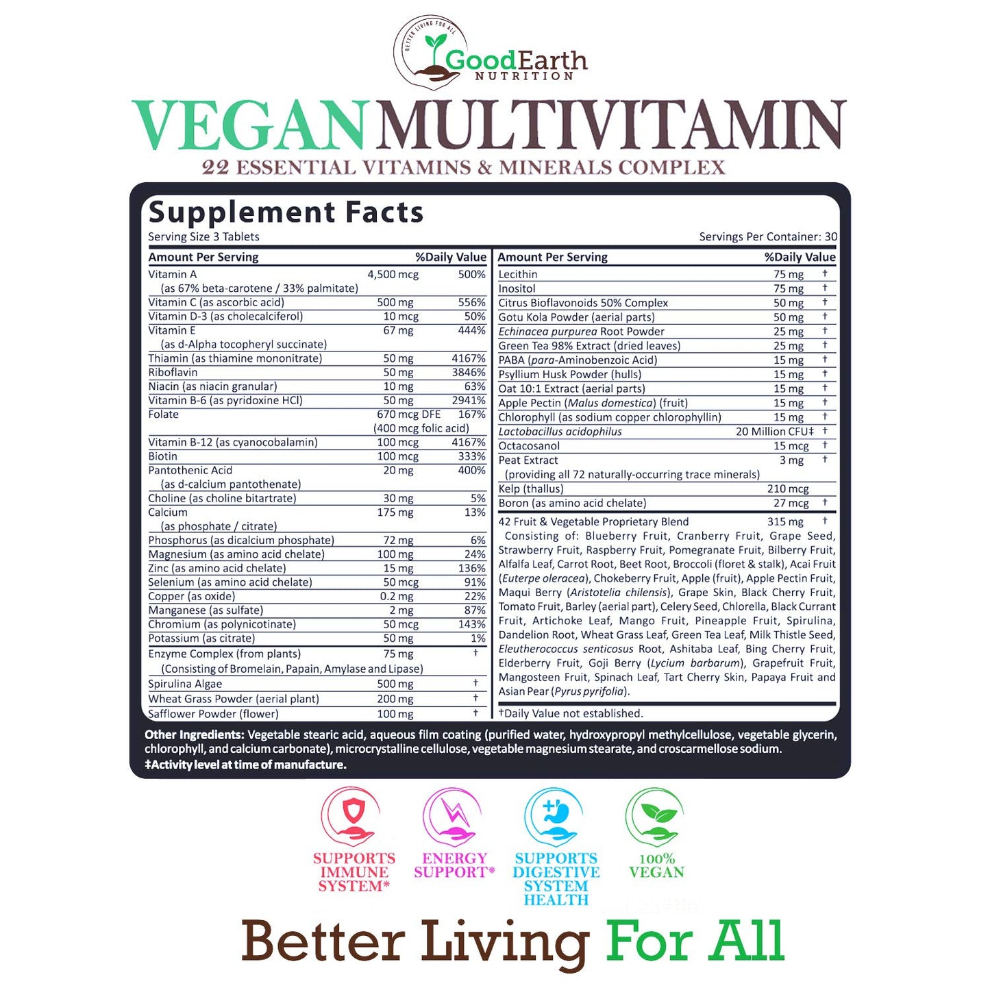Tabla de contenido de vitaminas y minerales del suplemento vegano