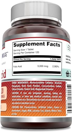 Tabletas ácido fólico 5000 mcg Amazing Formulas para suplementar