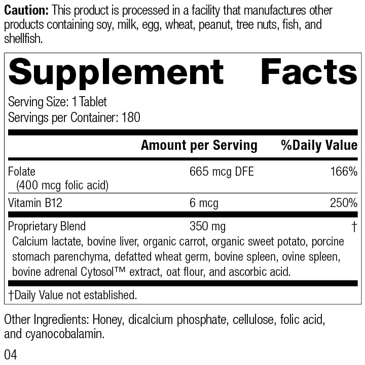 Tabletas ácido fólico y B12 Standard Process apoyo salud nerviosa