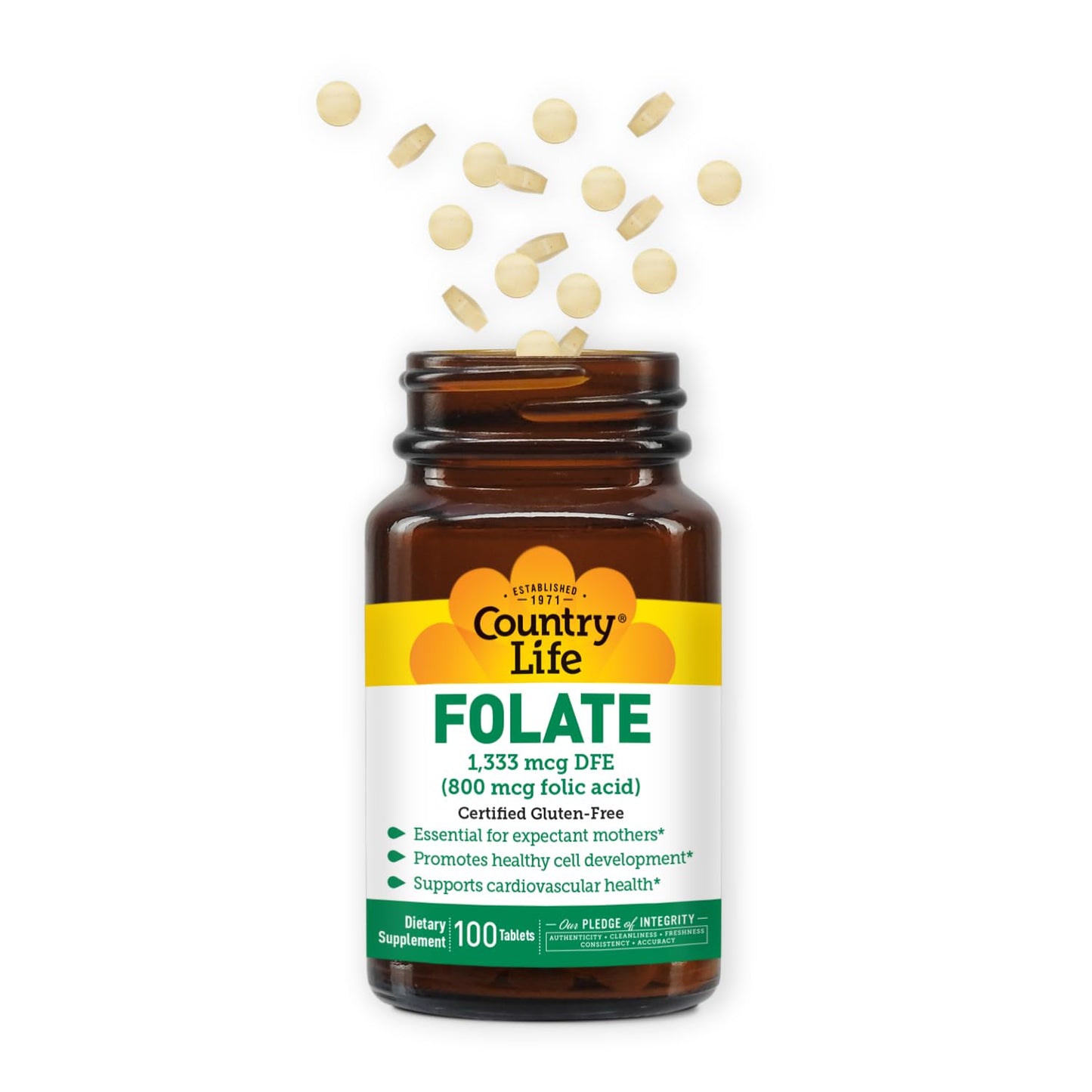 Tabletas de ácido fólico Country Life 800 mcg para vegetarianos