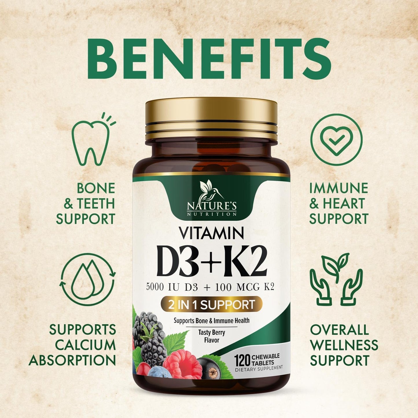 Tabletas sabor a baya vitamina D3 con K2 apoyo para articulaciones y corazón