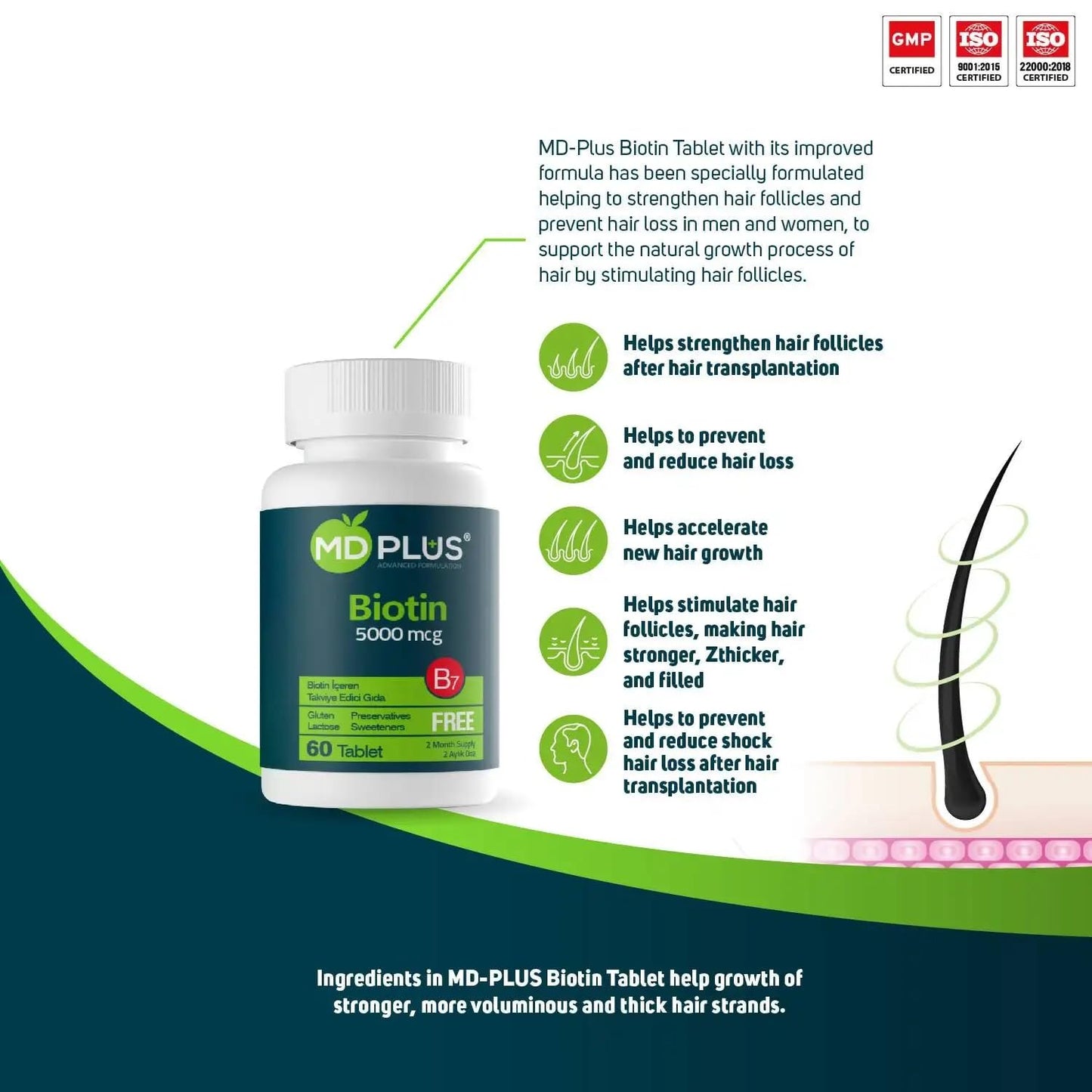 Tabletas biotina MD Plus 5000 mcg para fortalecer el cabello