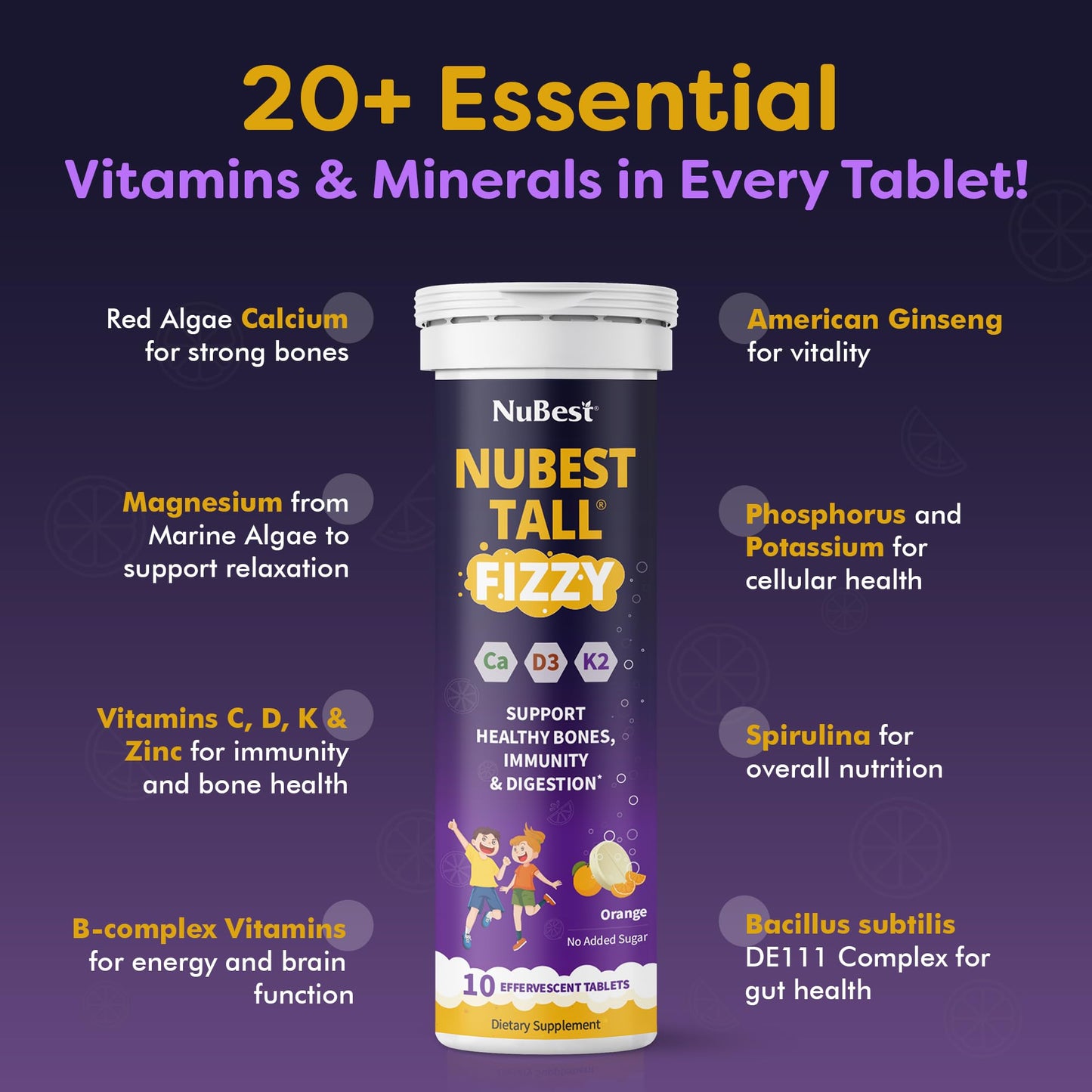 Tabletas efervescentes sabor naranja NuBest Tall Fizzy niños