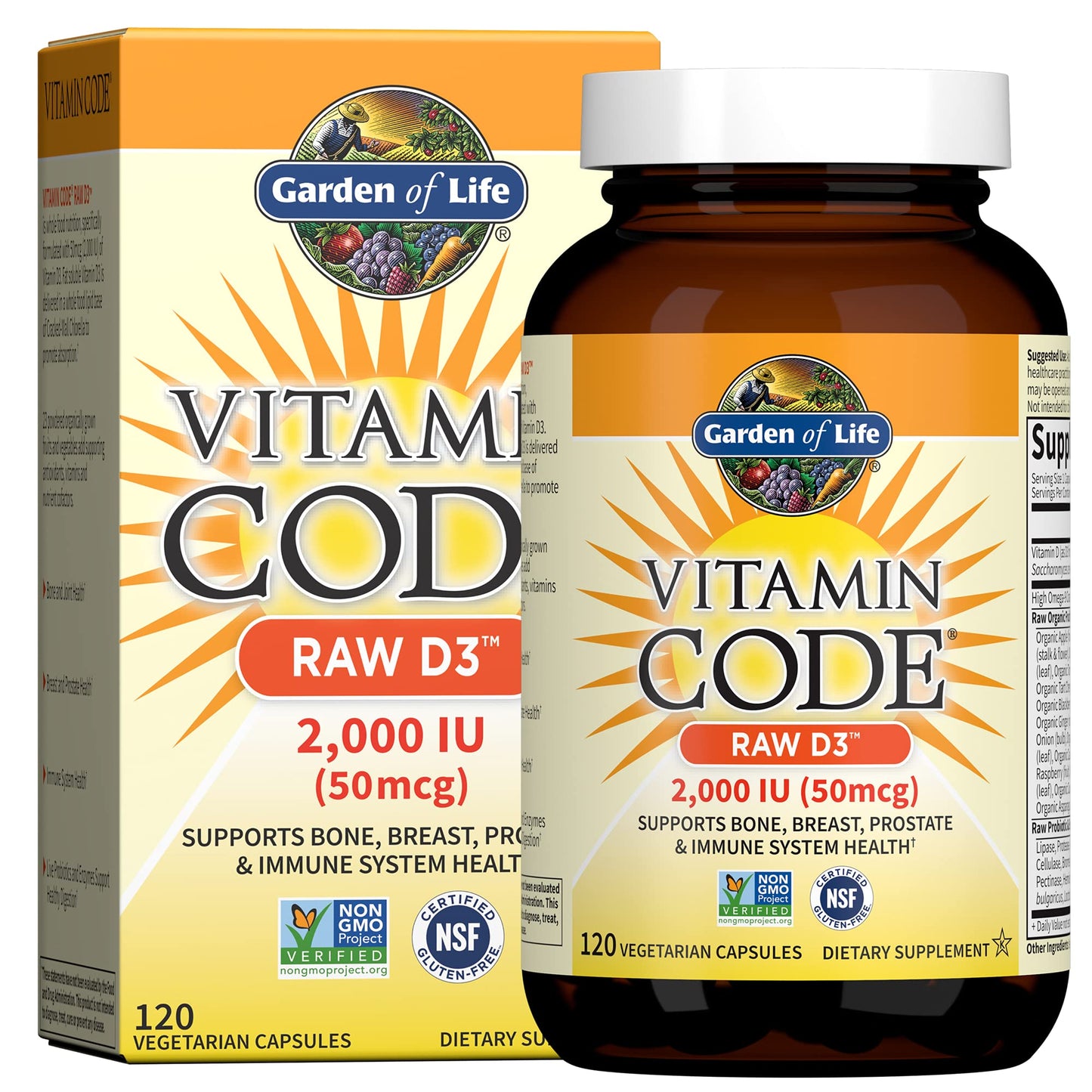 Tabletas Garden of Life Raw D3 2000 UI y multivitamínico