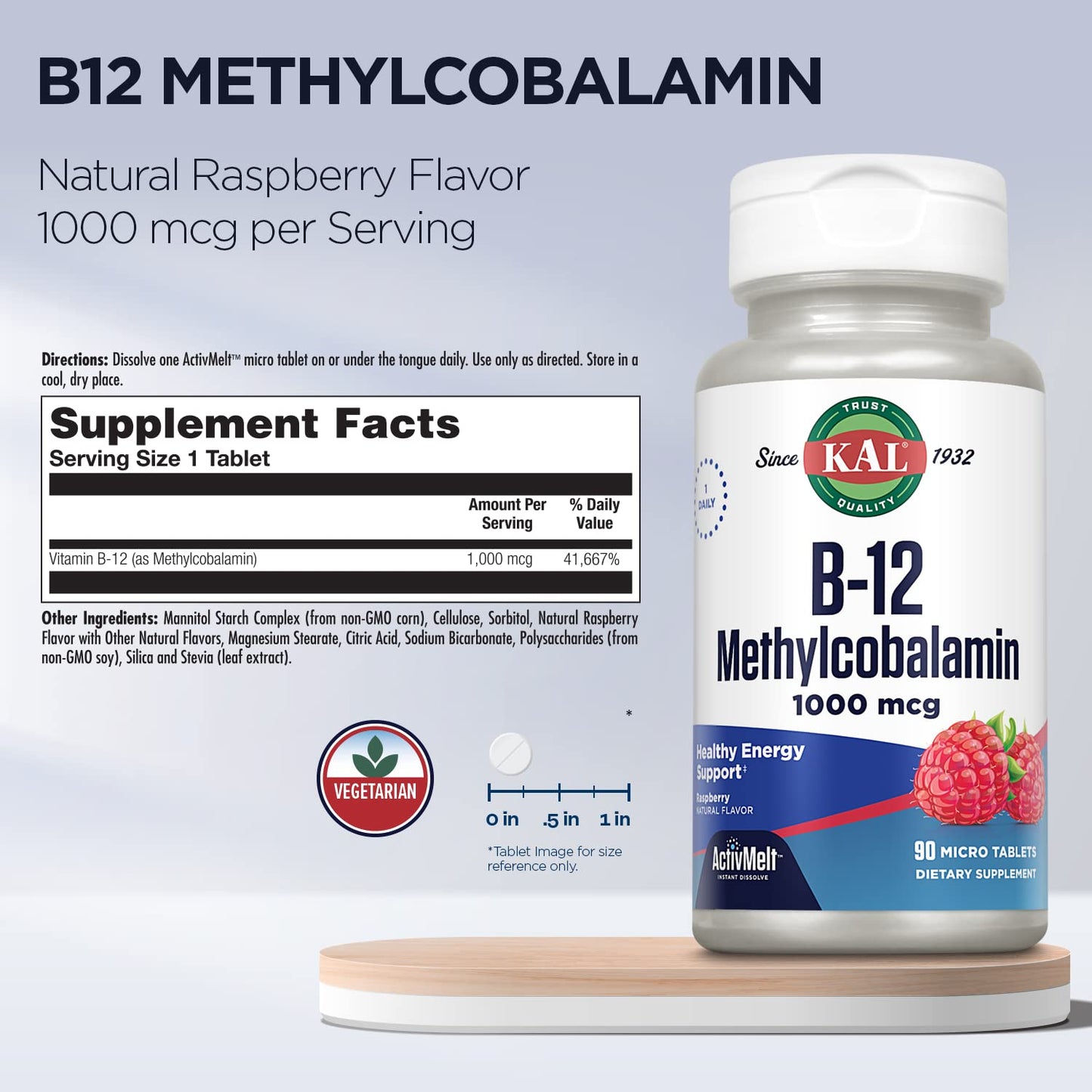 Tabletas KAL B12 con sabor natural a frambuesa