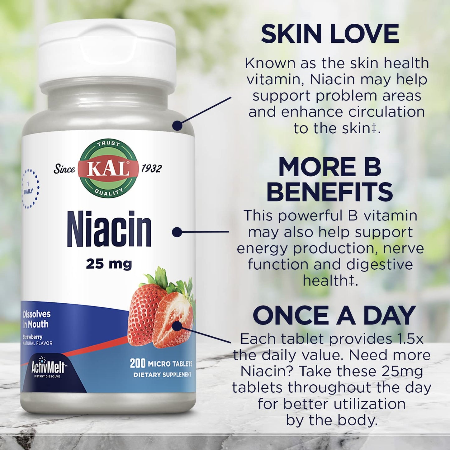 Tabletas Kal niacina 25 mg sabor fresa envase completo